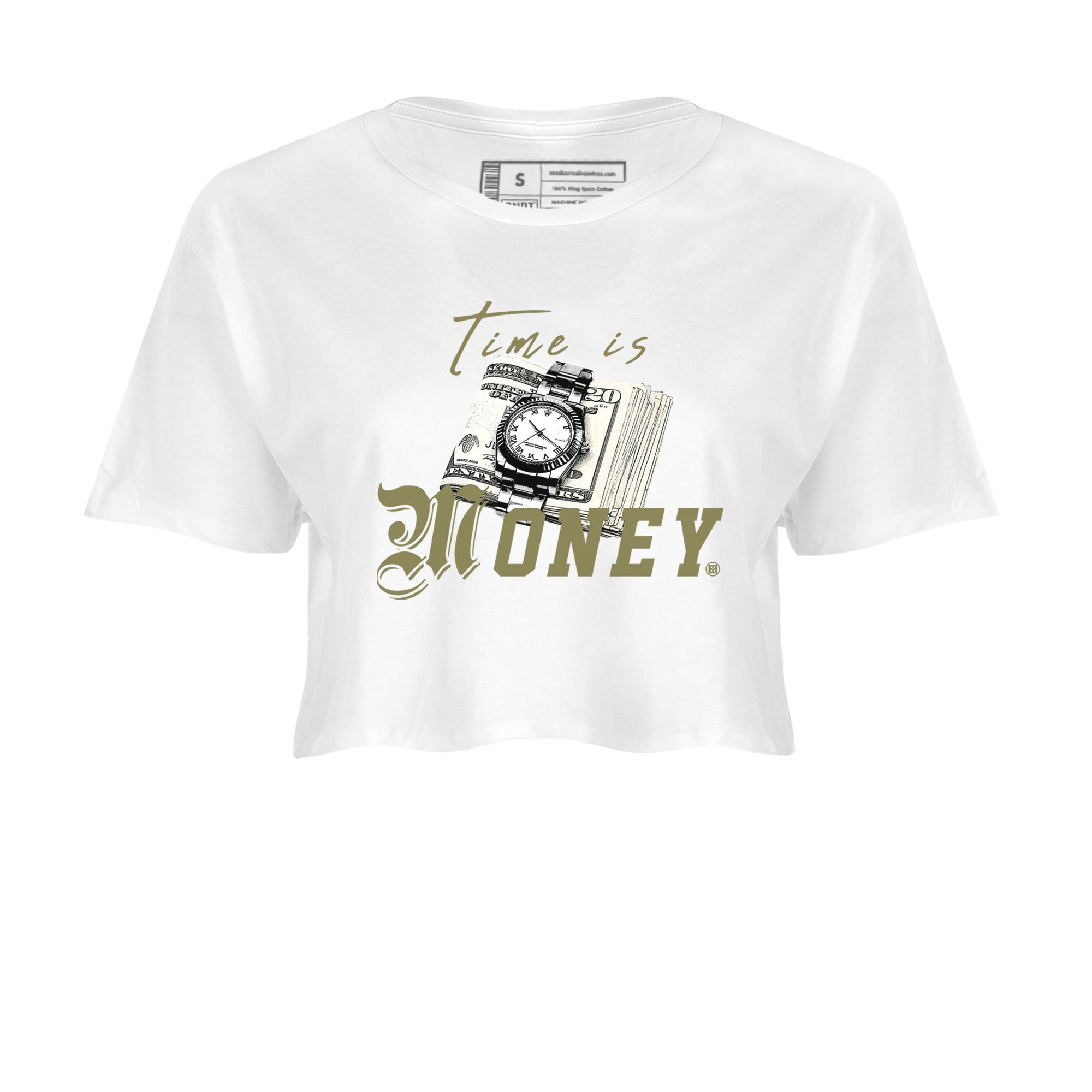 AJ4 Medium Olive shirt to match jordans streetwear brand Time Is Money sneaker tees Air Jordan 4 Medium Olive Drip Gear Zone White 2 Crop T-Shirt