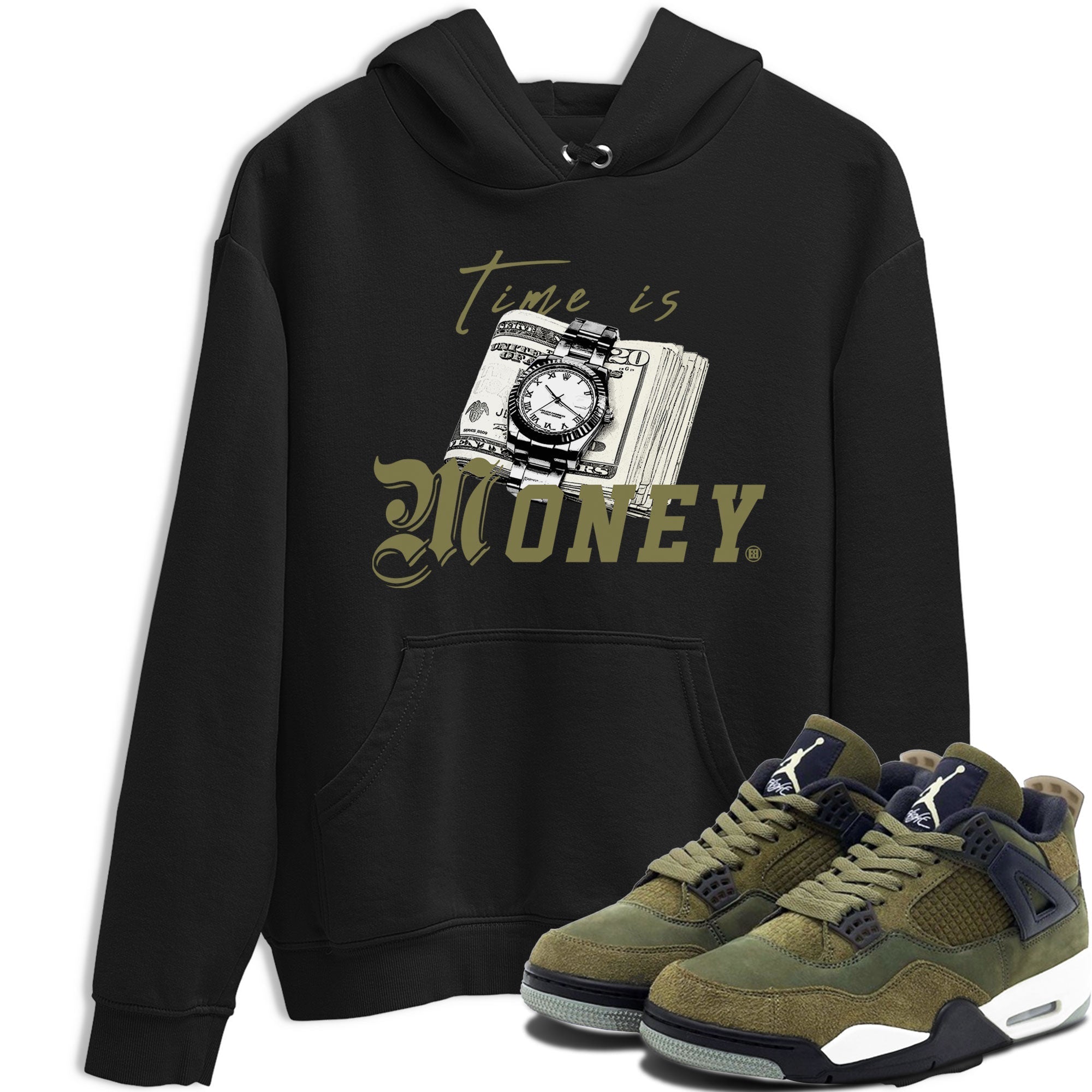 AJ4 Medium Olive shirt to match jordans streetwear brand Time Is Money sneaker tees Air Jordan 4 Medium Olive Drip Gear Zone Unisex Black 1 T-Shirt