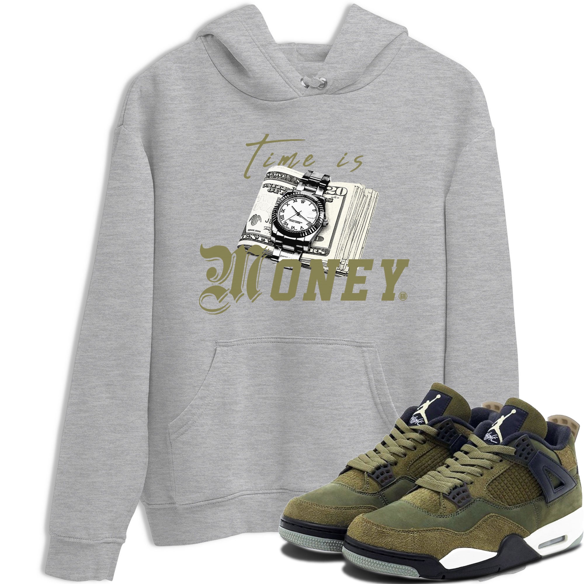 AJ4 Medium Olive shirt to match jordans streetwear brand Time Is Money sneaker tees Air Jordan 4 Medium Olive Drip Gear Zone Unisex Heather Grey 1 T-Shirt