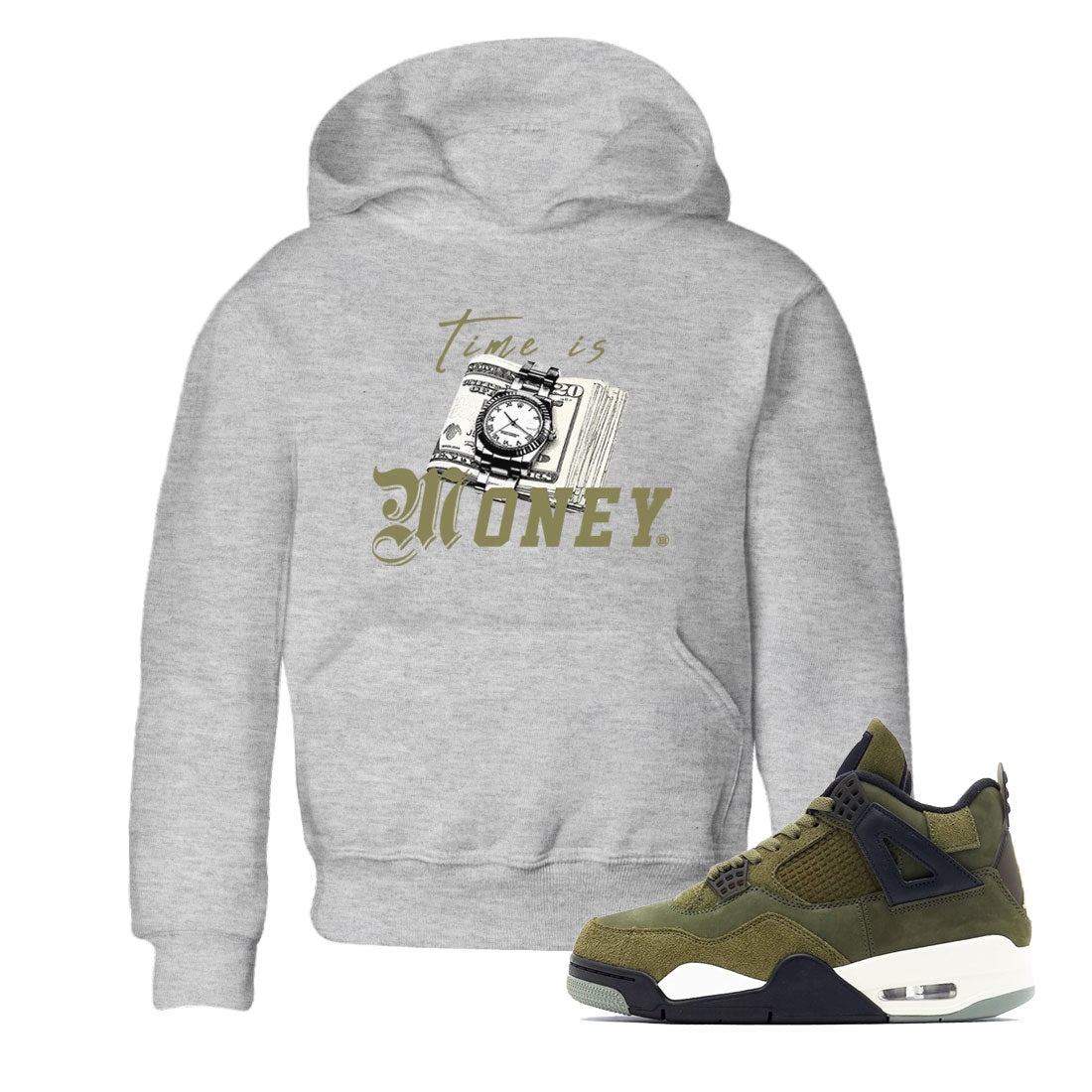 AJ4 Medium Olive shirt to match jordans streetwear brand Time Is Money sneaker tees Air Jordan 4 Retro Medium Olive Drip Gear Zone Baby Toddler Heather Grey 1 T-Shirt