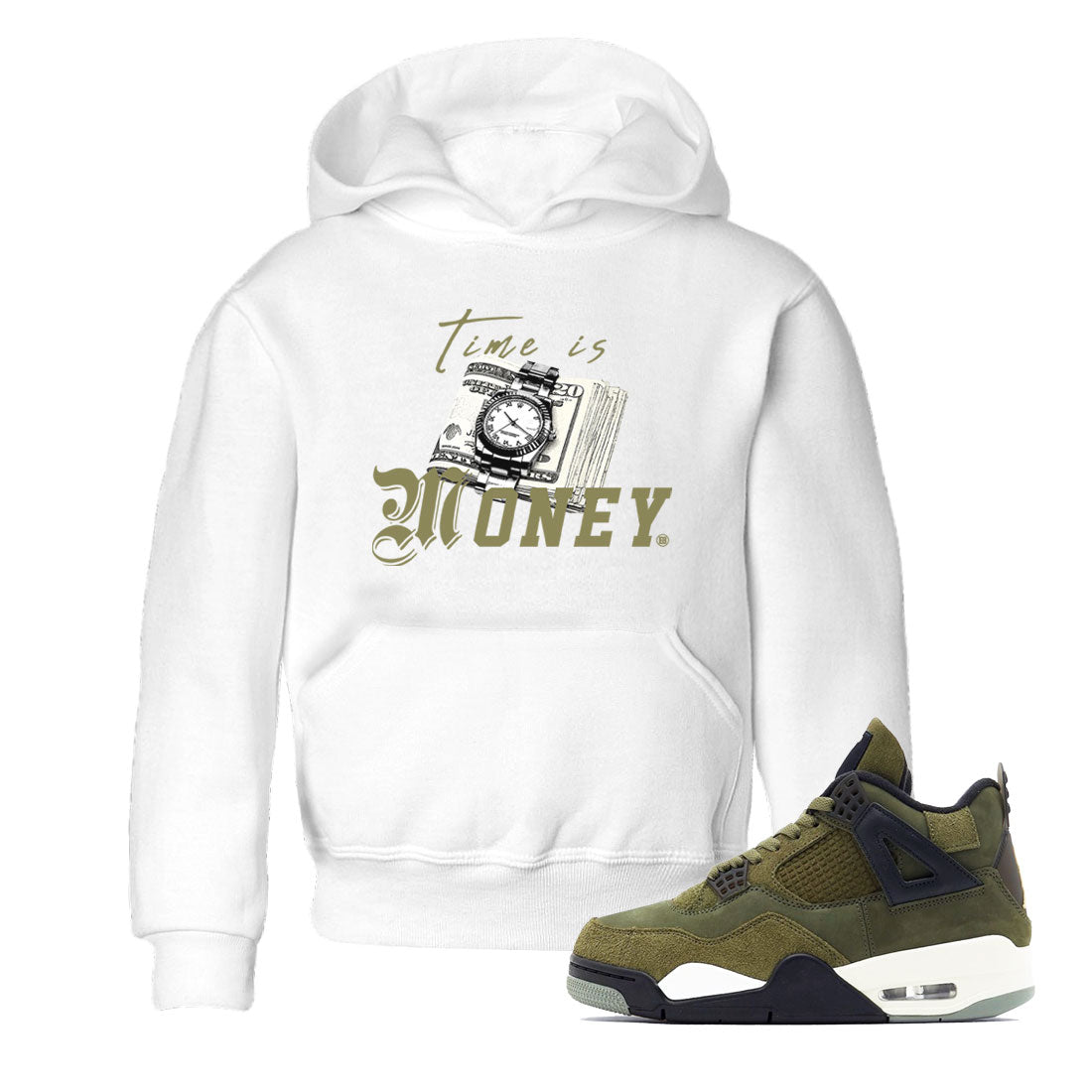 AJ4 Medium Olive shirt to match jordans streetwear brand Time Is Money sneaker tees Air Jordan 4 Retro Medium Olive Drip Gear Zone Baby Toddler White 1 T-Shirt