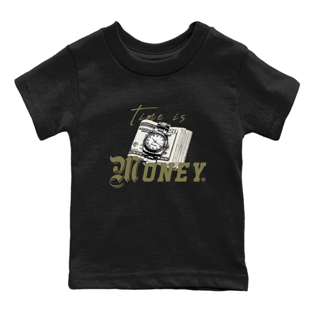 AJ4 Medium Olive shirt to match jordans streetwear brand Time Is Money sneaker tees Air Jordan 4 Retro Medium Olive Drip Gear Zone Baby Toddler Black 2 T-Shirt