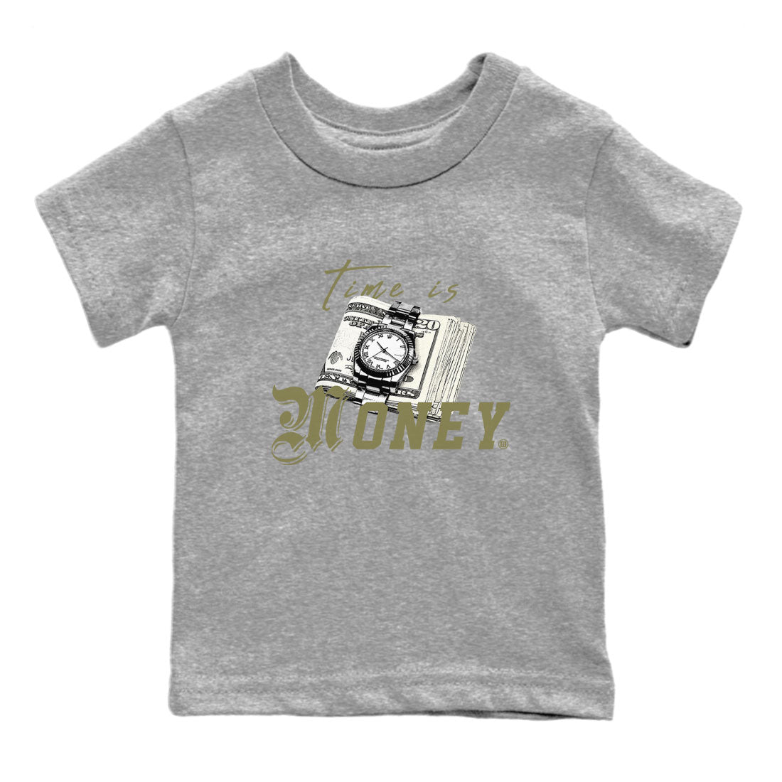 AJ4 Medium Olive shirt to match jordans streetwear brand Time Is Money sneaker tees Air Jordan 4 Retro Medium Olive Drip Gear Zone Baby Toddler Heather Grey 2 T-Shirt
