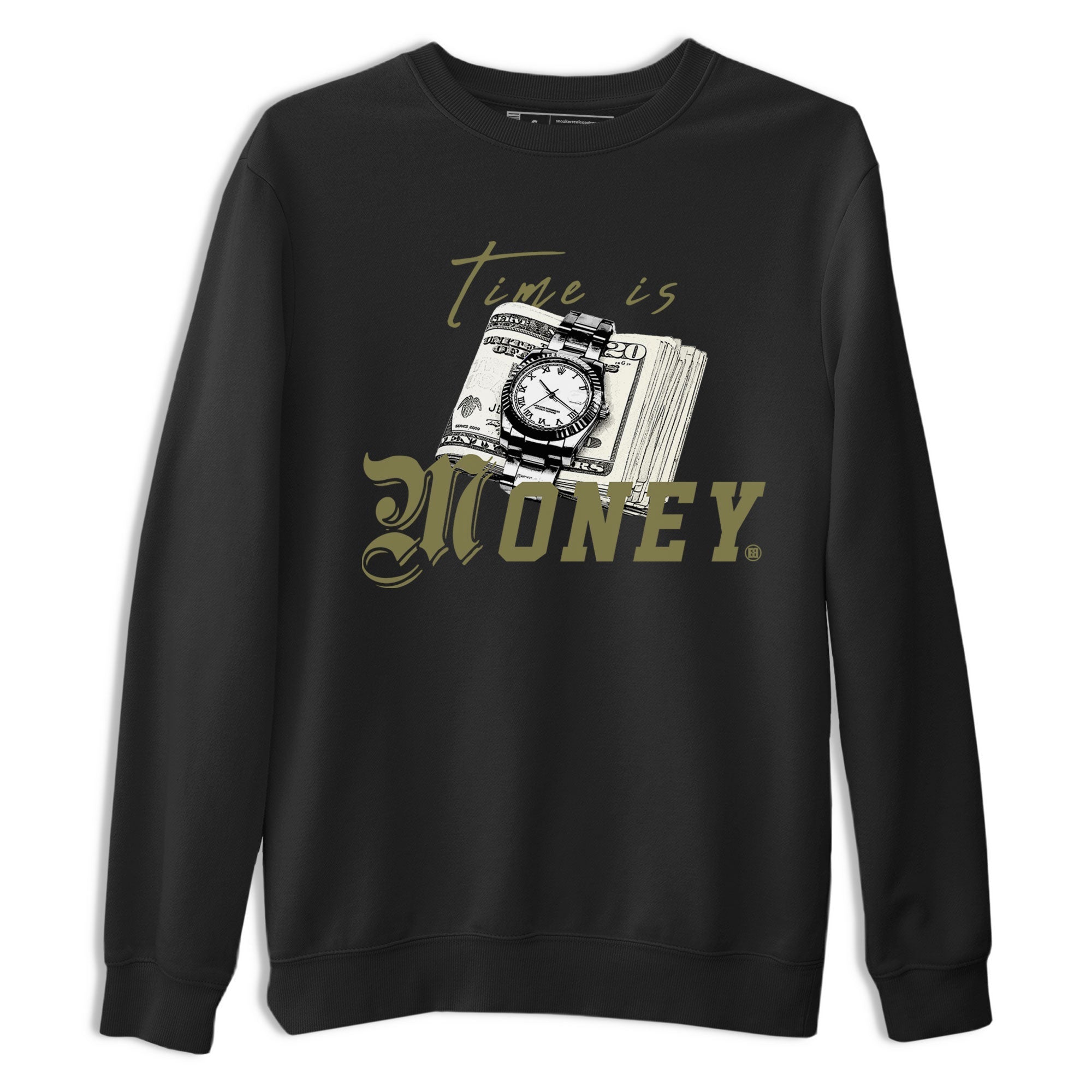 AJ4 Medium Olive shirt to match jordans streetwear brand Time Is Money sneaker tees Air Jordan 4 Medium Olive Drip Gear Zone Unisex Black 2 T-Shirt