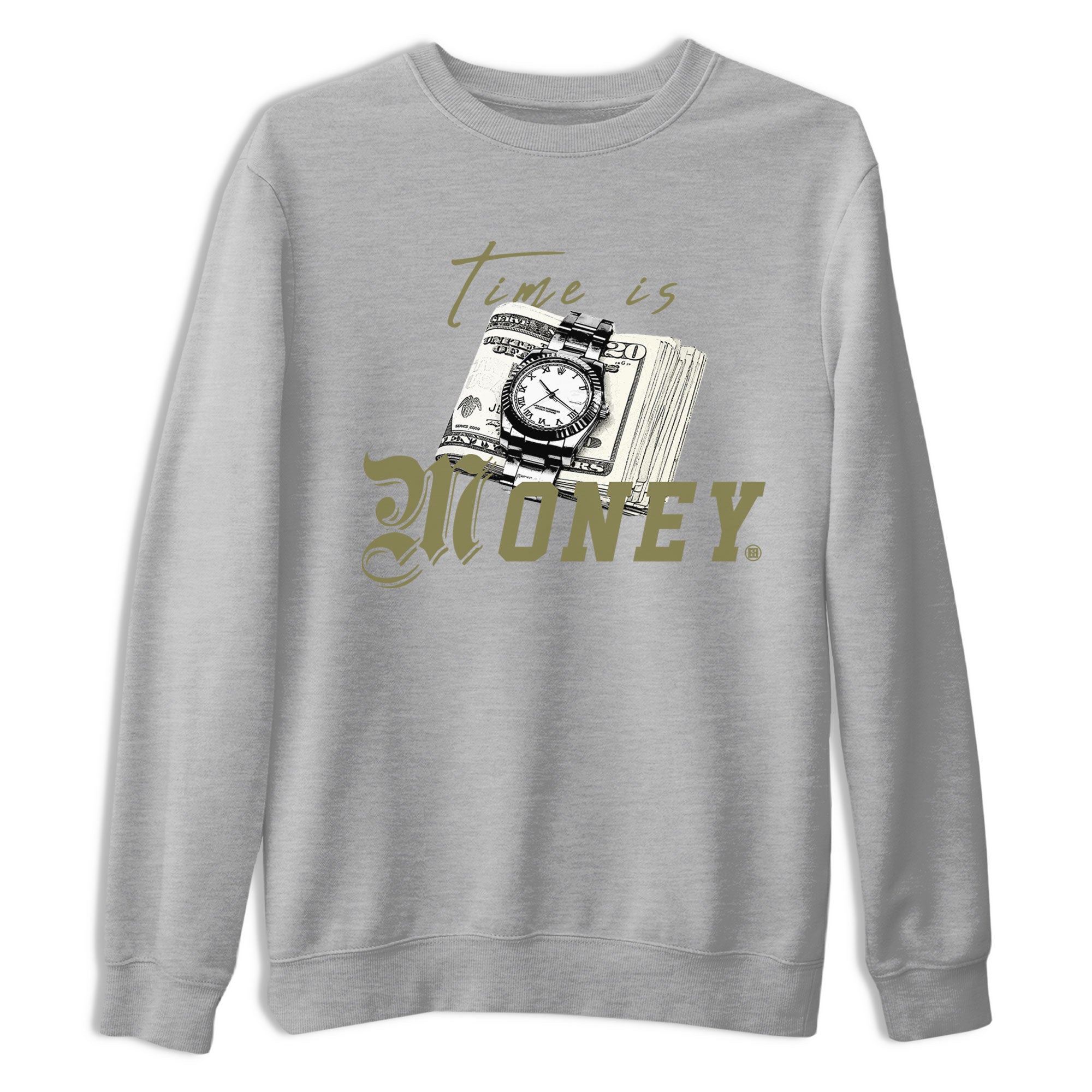 AJ4 Medium Olive shirt to match jordans streetwear brand Time Is Money sneaker tees Air Jordan 4 Medium Olive Drip Gear Zone Unisex Heather Grey 2 T-Shirt