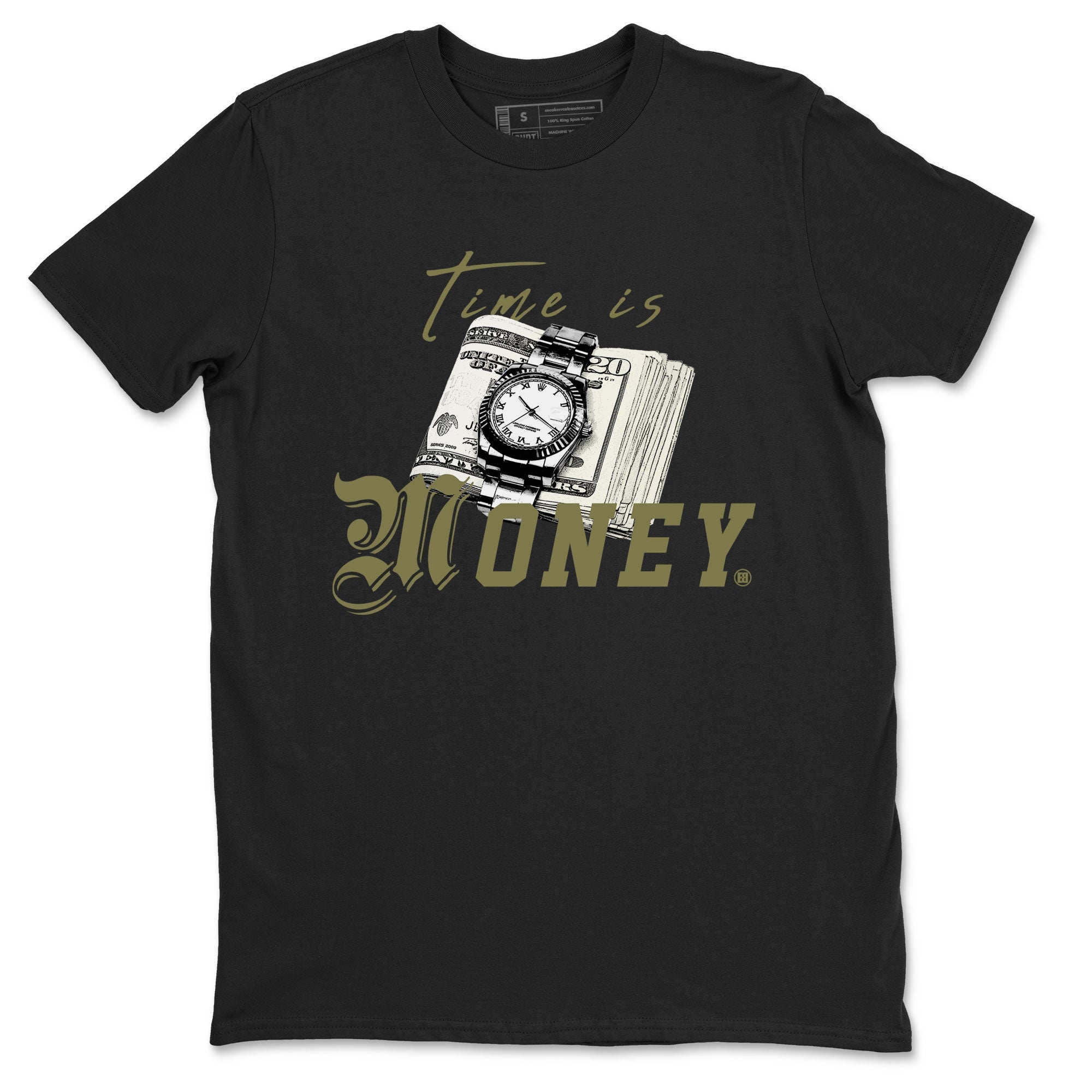 AJ4 Medium Olive shirt to match jordans streetwear brand Time Is Money sneaker tees Air Jordan 4 Medium Olive Drip Gear Zone Unisex Black 2 T-Shirt