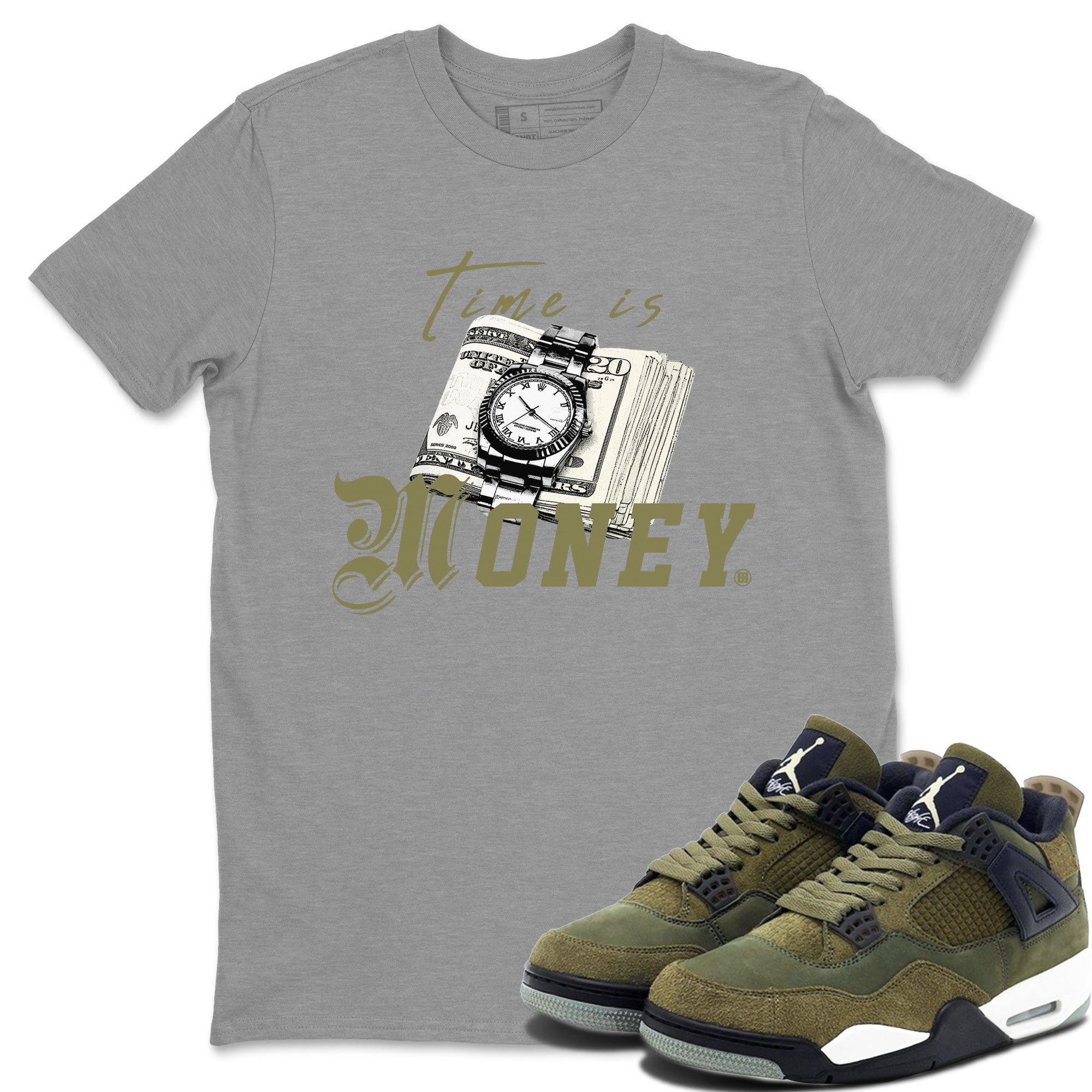 AJ4 Medium Olive shirt to match jordans streetwear brand Time Is Money sneaker tees Air Jordan 4 Medium Olive Drip Gear Zone Unisex Heather Grey 1 T-Shirt