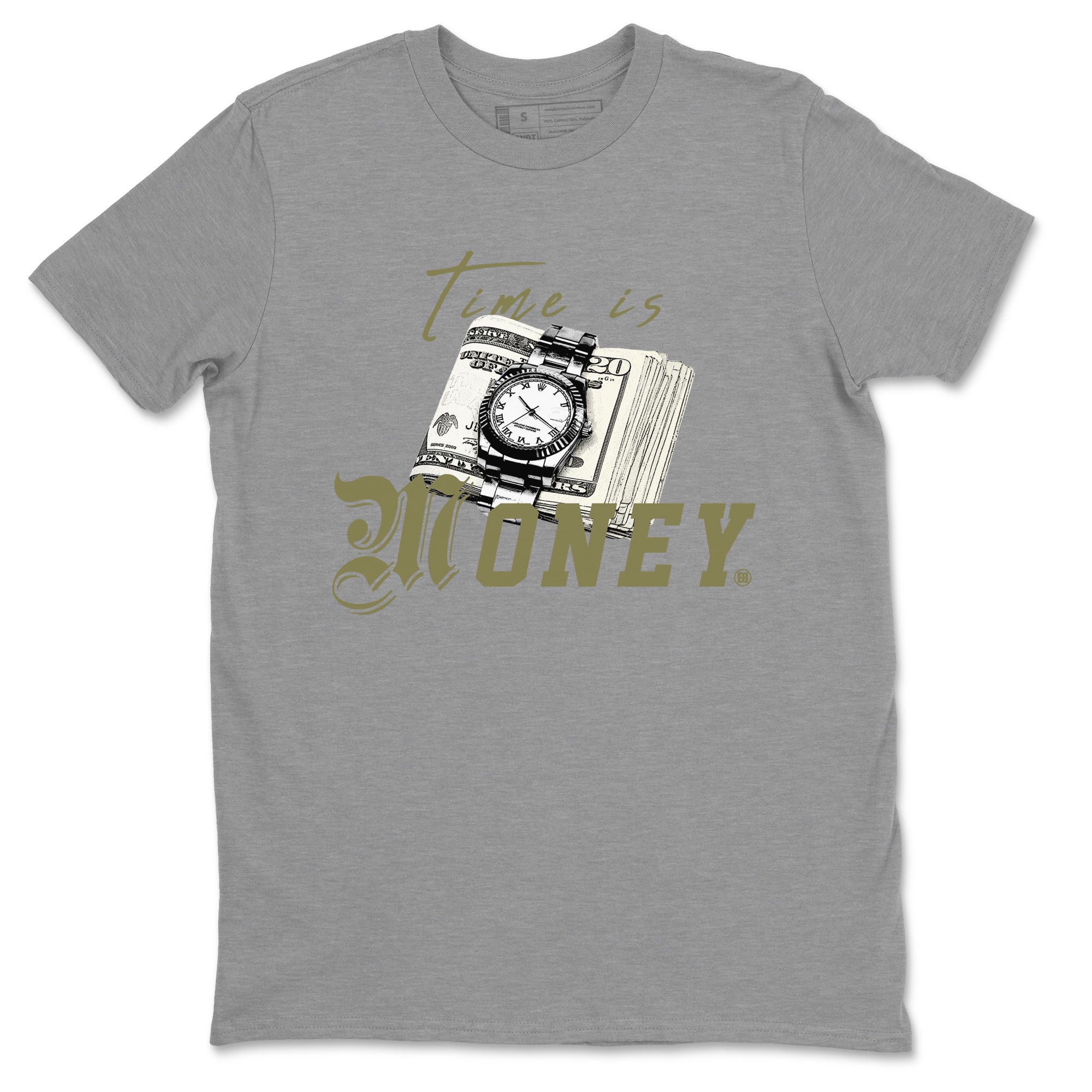 AJ4 Medium Olive shirt to match jordans streetwear brand Time Is Money sneaker tees Air Jordan 4 Medium Olive Drip Gear Zone Unisex Heather Grey 2 T-Shirt