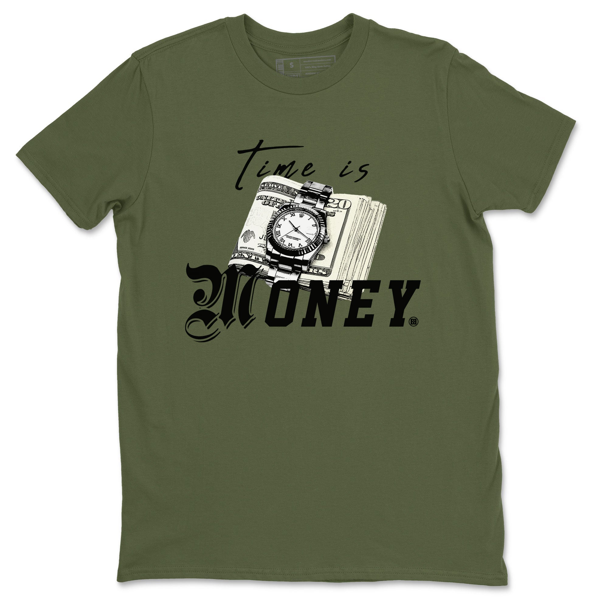 AJ4 Medium Olive shirt to match jordans streetwear brand Time Is Money sneaker tees Air Jordan 4 Medium Olive Drip Gear Zone Unisex Military Green 2 T-Shirt