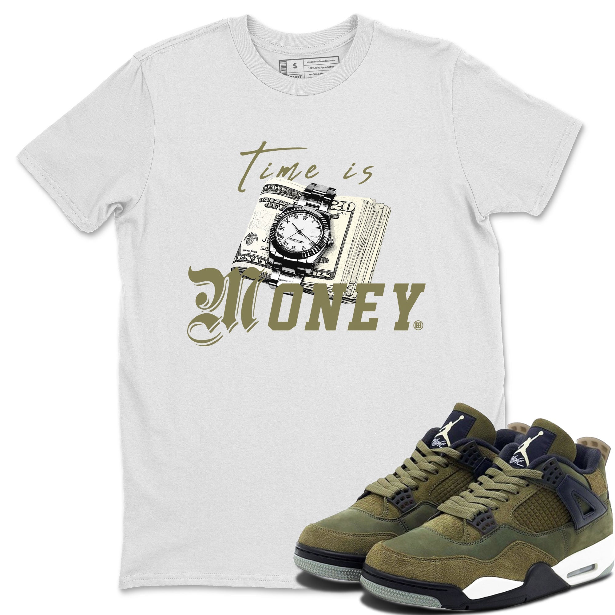 AJ4 Medium Olive shirt to match jordans streetwear brand Time Is Money sneaker tees Air Jordan 4 Medium Olive Drip Gear Zone Unisex White 1 T-Shirt