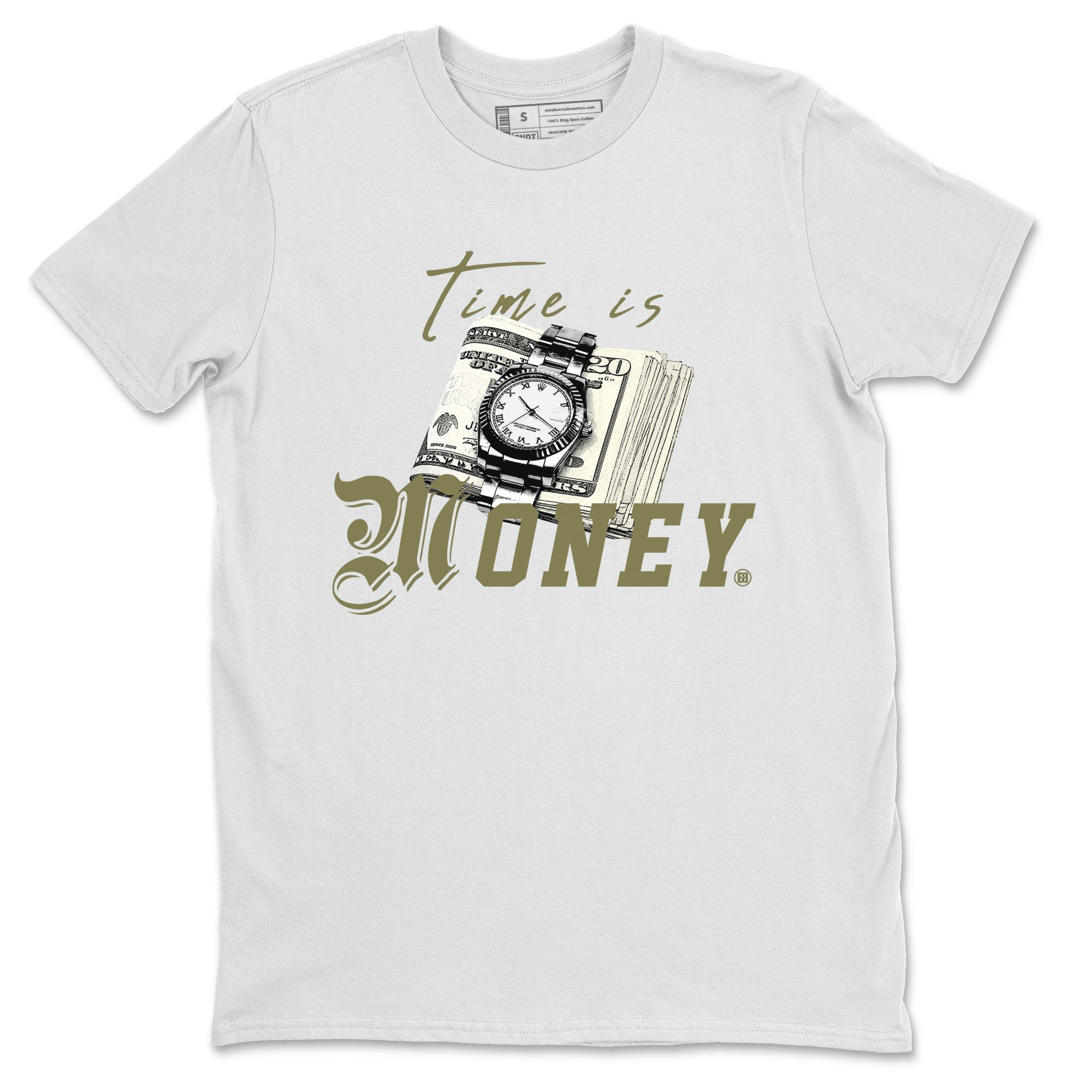 AJ4 Medium Olive shirt to match jordans streetwear brand Time Is Money sneaker tees Air Jordan 4 Medium Olive Drip Gear Zone Unisex White 2 T-Shirt