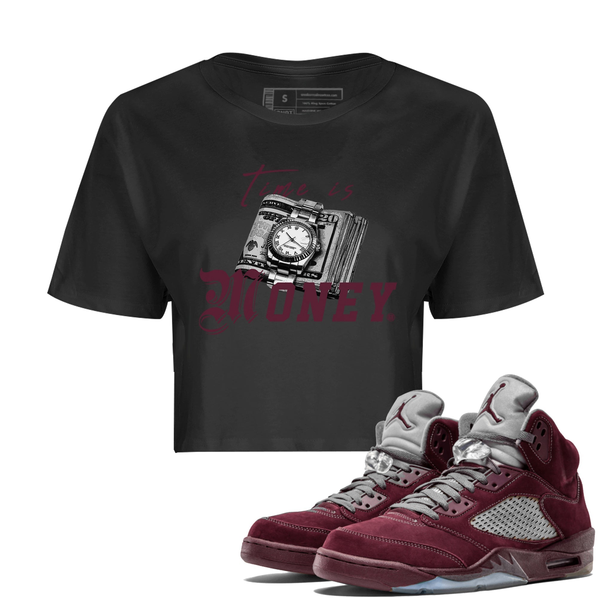 Air Jordan 5 Burgundy Sneaker Match Tees Time Is Money Sneaker T-Shirt AJ5 Burgundy Sneaker Release Tees Women's Shirts Black 1