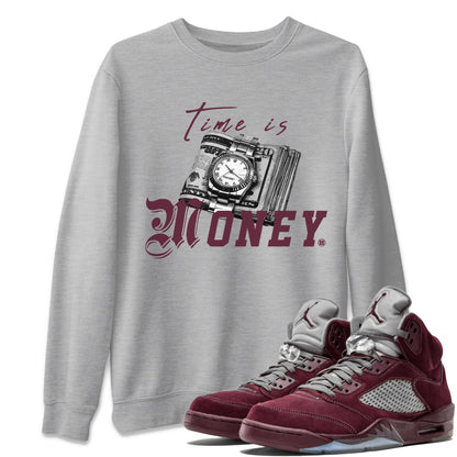 Air Jordan 5 Burgundy Sneaker Match Tees Time Is Money Sneaker T-Shirt AJ5 Burgundy Sneaker Release Tees Unisex Shirts Heather Grey 1