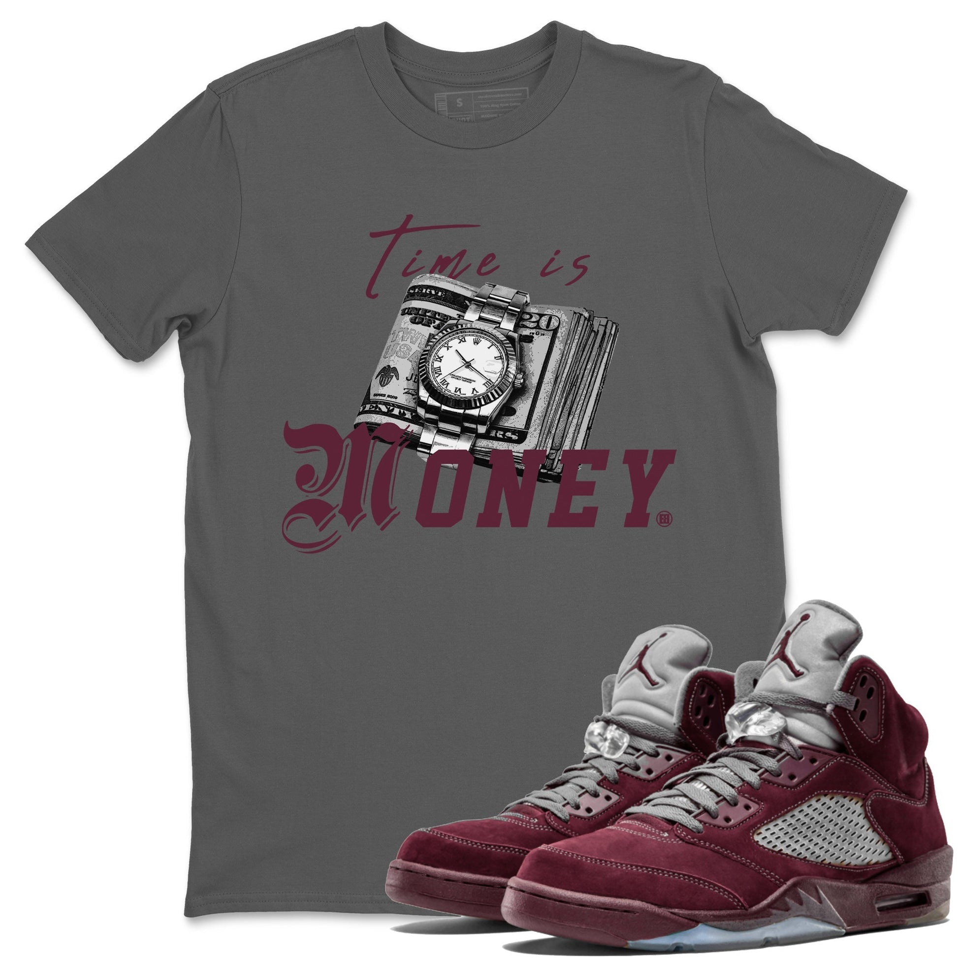 Air Jordan 5 Burgundy Sneaker Match Tees Time Is Money Sneaker T-Shirt AJ5 Burgundy Sneaker Release Tees Unisex Shirts Cool Grey 1