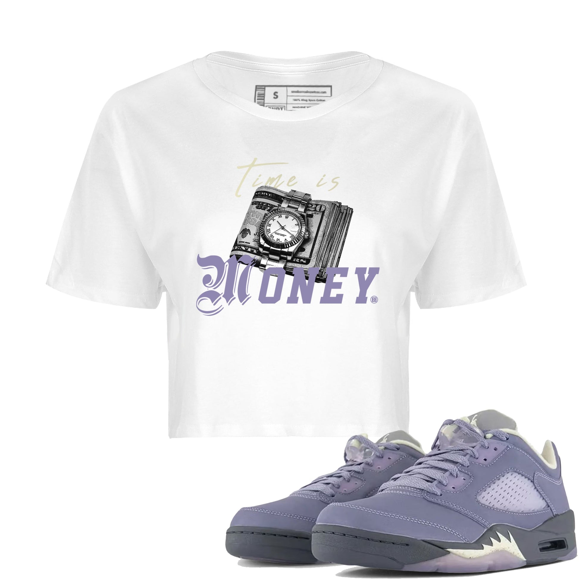 5s Indigo Haze Sneaker Match Tees Time Is Money Sneaker T-Shirt Air Jordan 5 Indigo Haze Sneaker Release Tees Women's Shirts White 1