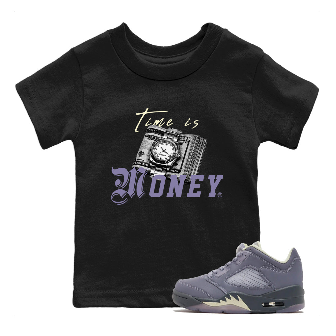 5s Indigo Haze Sneaker Match Tees Time Is Money Sneaker T-Shirt Air Jordan 5 Indigo Haze Sneaker Release Tees Kids Shirts Black 1