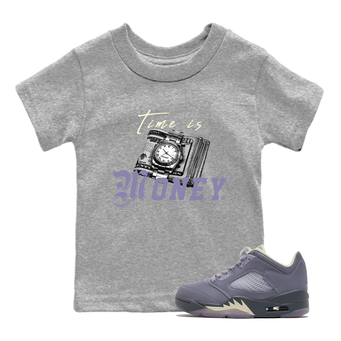 5s Indigo Haze Sneaker Match Tees Time Is Money Sneaker T-Shirt Air Jordan 5 Indigo Haze Sneaker Release Tees Kids Shirts Heather Grey 1