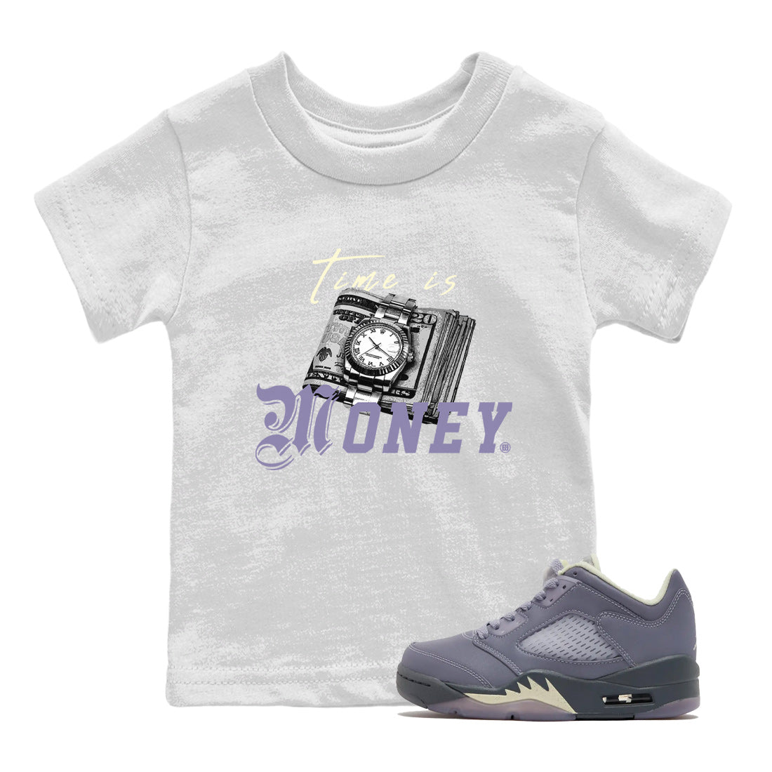5s Indigo Haze Sneaker Match Tees Time Is Money Sneaker T-Shirt Air Jordan 5 Indigo Haze Sneaker Release Tees Kids Shirts White 1
