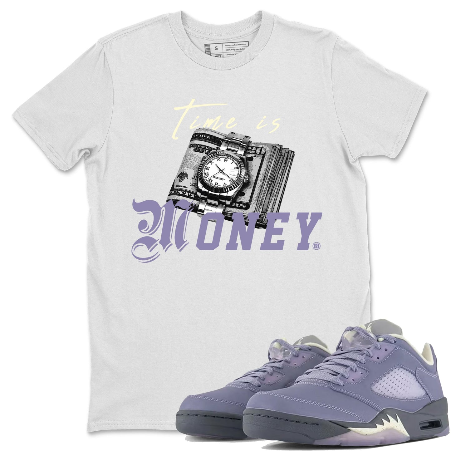 5s Indigo Haze Sneaker Match Tees Time Is Money Sneaker T-Shirt Air Jordan 5 Indigo Haze Sneaker Release Tees Unisex Shirts White 1
