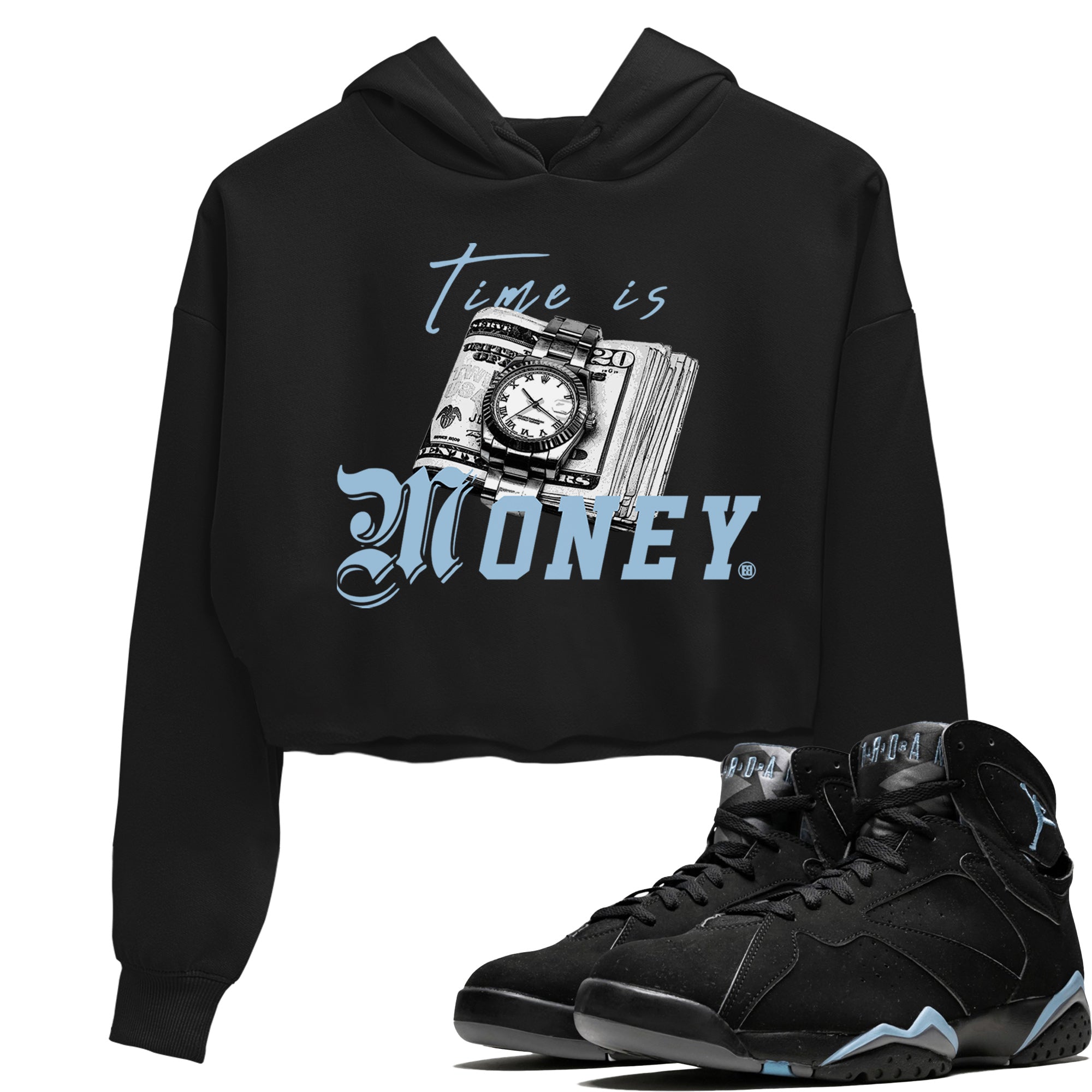 Air Jordan 7 Chambray Sneaker Match Tees Time Is Money Sneaker T-Shirt AJ7 Chambray Sneaker Release Tees Women's Shirts Black 1