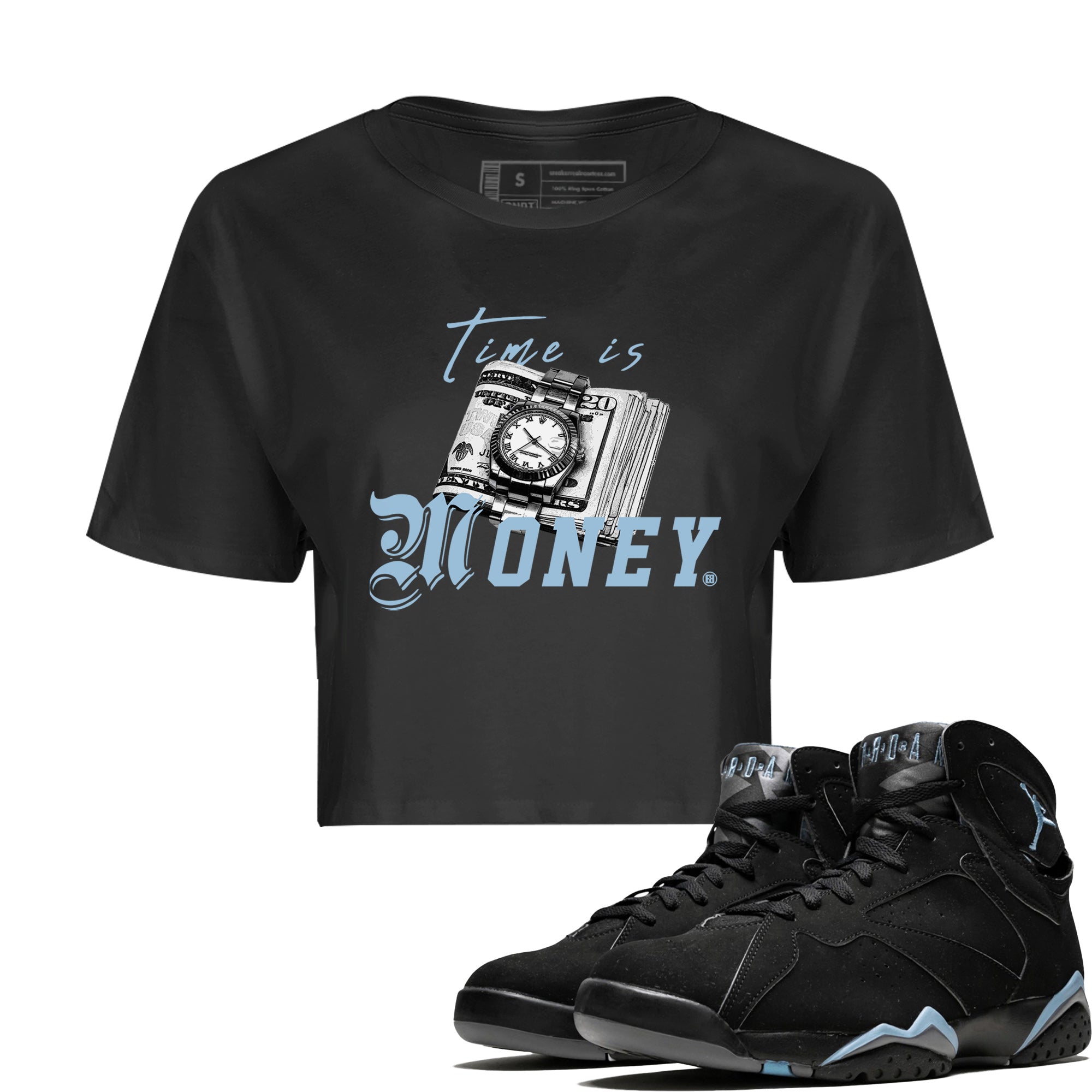 Air Jordan 7 Chambray Sneaker Match Tees Time Is Money Sneaker T-Shirt AJ7 Chambray Sneaker Release Tees Women's Shirts Black 1