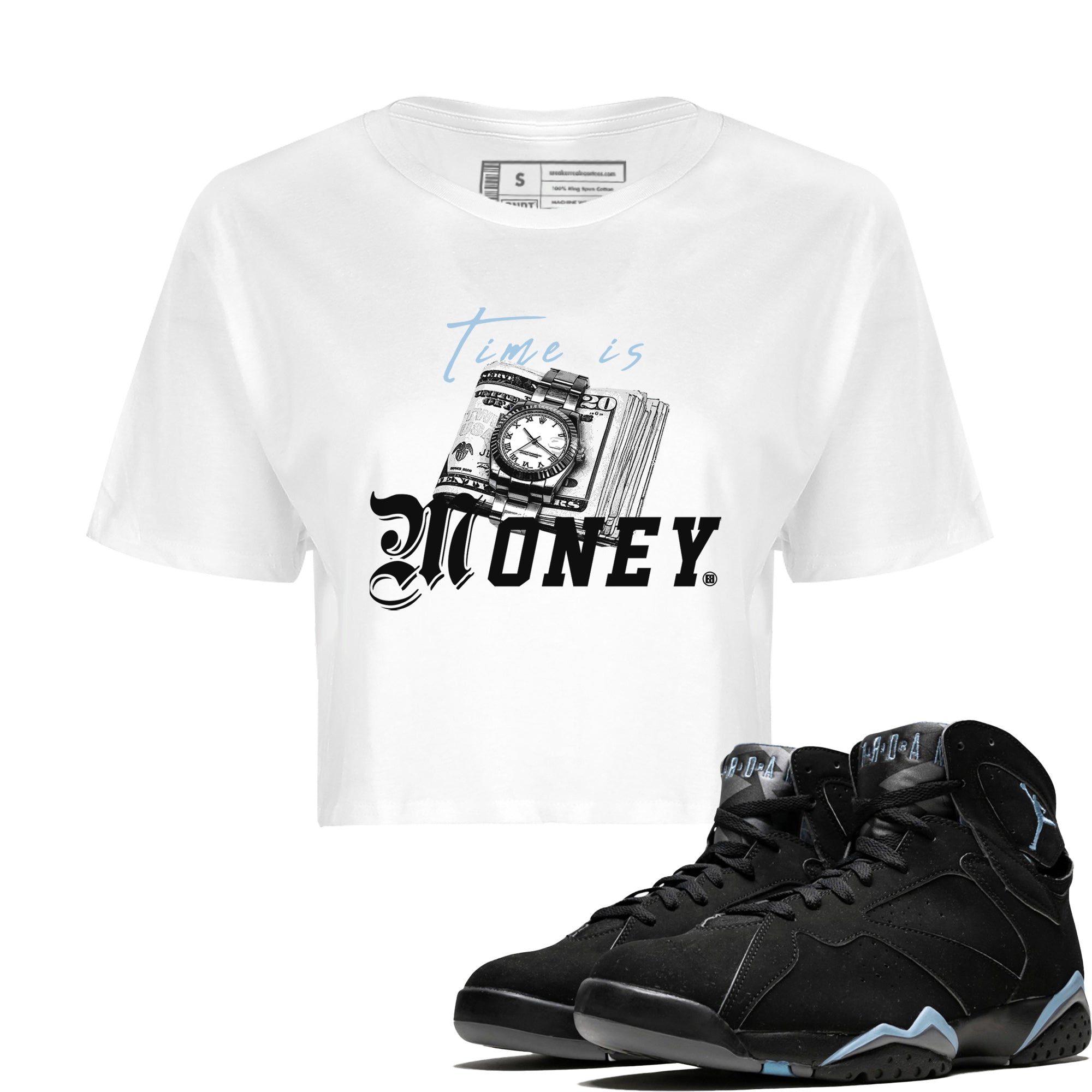 Air Jordan 7 Chambray Sneaker Match Tees Time Is Money Sneaker T-Shirt AJ7 Chambray Sneaker Release Tees Women's Shirts White 1