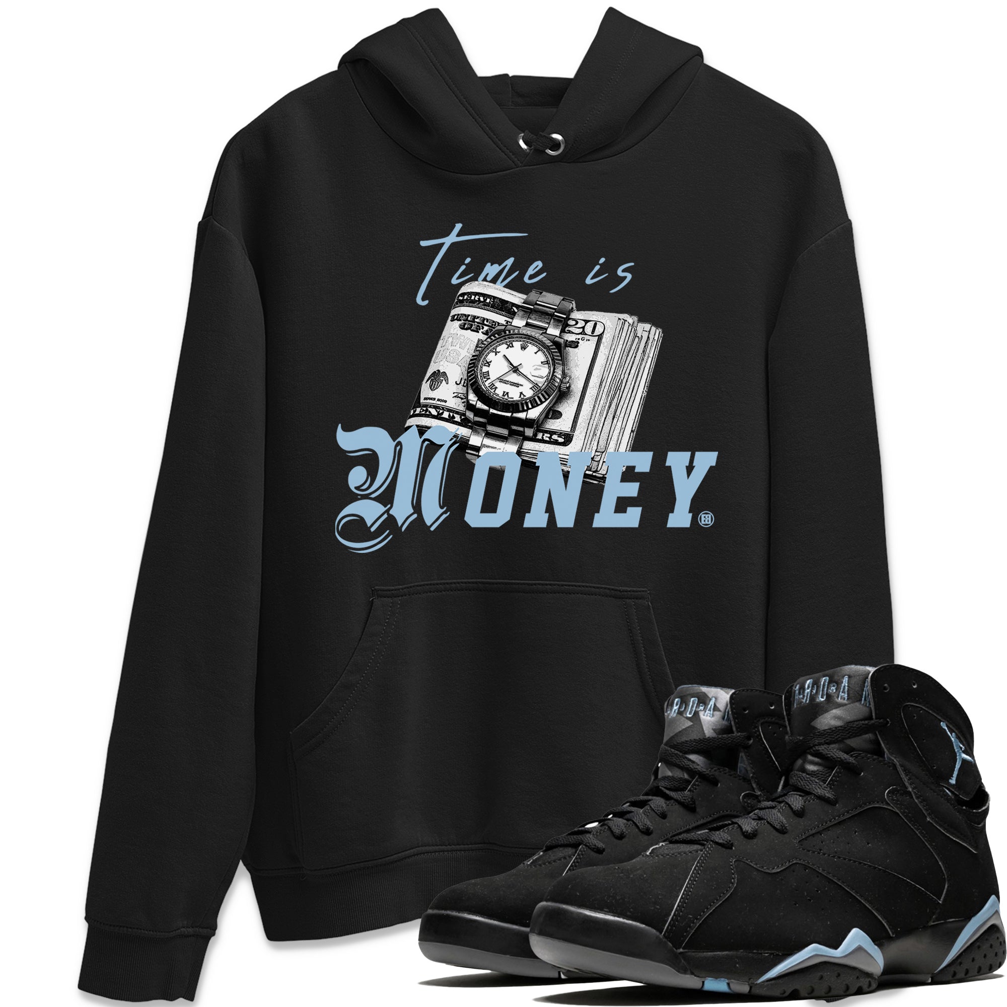 Air Jordan 7 Chambray Sneaker Match Tees Time Is Money Sneaker T-Shirt AJ7 Chambray Sneaker Release Tees Unisex Shirts Black 1