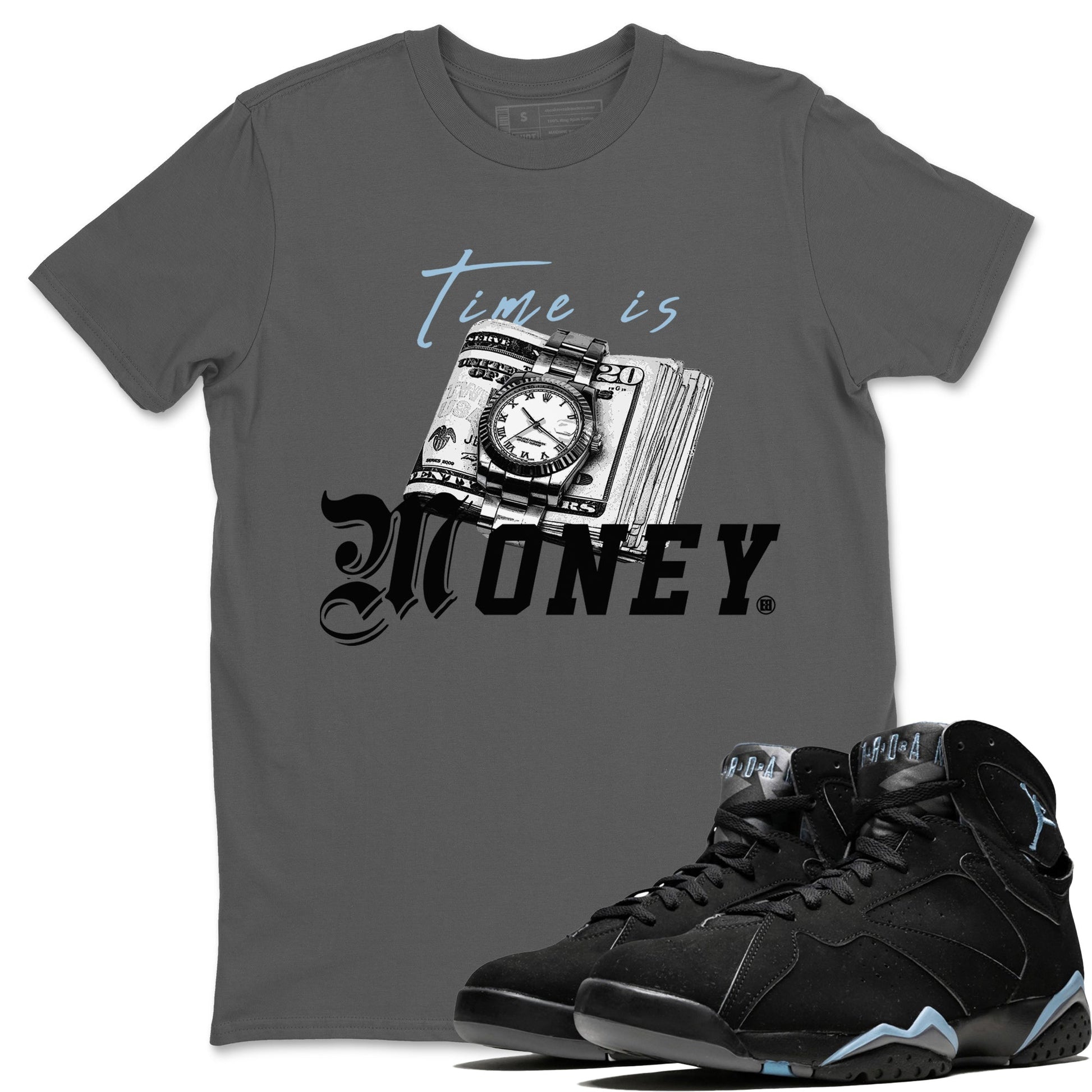 Air Jordan 7 Chambray Sneaker Match Tees Time Is Money Sneaker T-Shirt AJ7 Chambray Sneaker Release Tees Unisex Shirts Cool Grey 1