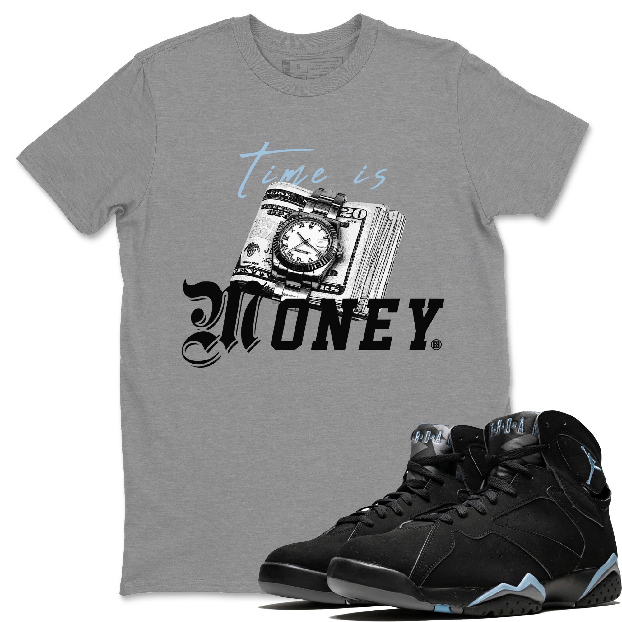 Air Jordan 7 Chambray Sneaker Match Tees Time Is Money Sneaker T-Shirt AJ7 Chambray Sneaker Release Tees Unisex Shirts Heather Grey 1