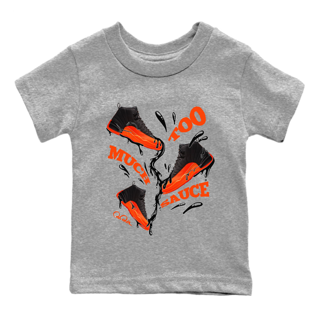 Air Jordan 12 Brilliant Orange Sneaker Match Tees Too Much Sauce Sneaker Tees AJ12 Brilliant Orange Sneaker Release Tees Kids Shirts Heather Grey 2