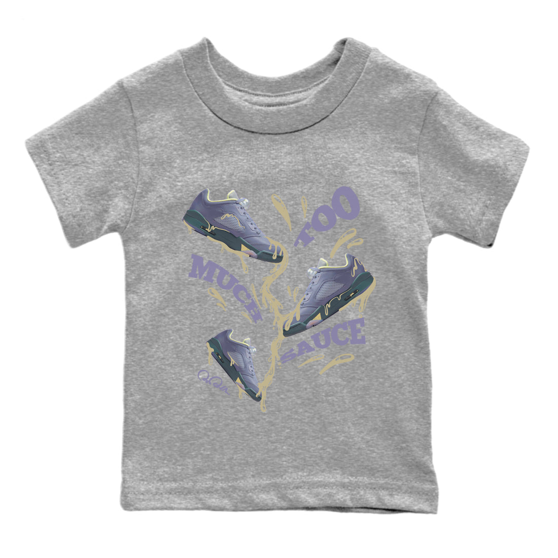 Air Jordan 5 Indigo Haze Sneaker Match Tees Too Much Sauce Sneaker Tees AJ5 Indigo Haze Sneaker Release Tees Kids Shirts Heather Grey 2