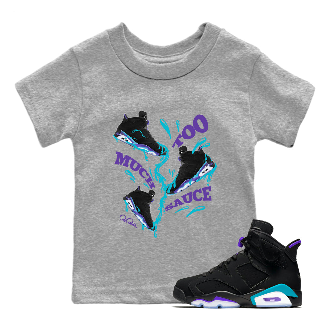 Air Jordan 6 Aqua Sneaker Match Tees Too Much Sauce Sneaker Tees AJ6 Aqua Sneaker Release Tees Kids Shirts Heather Grey 1