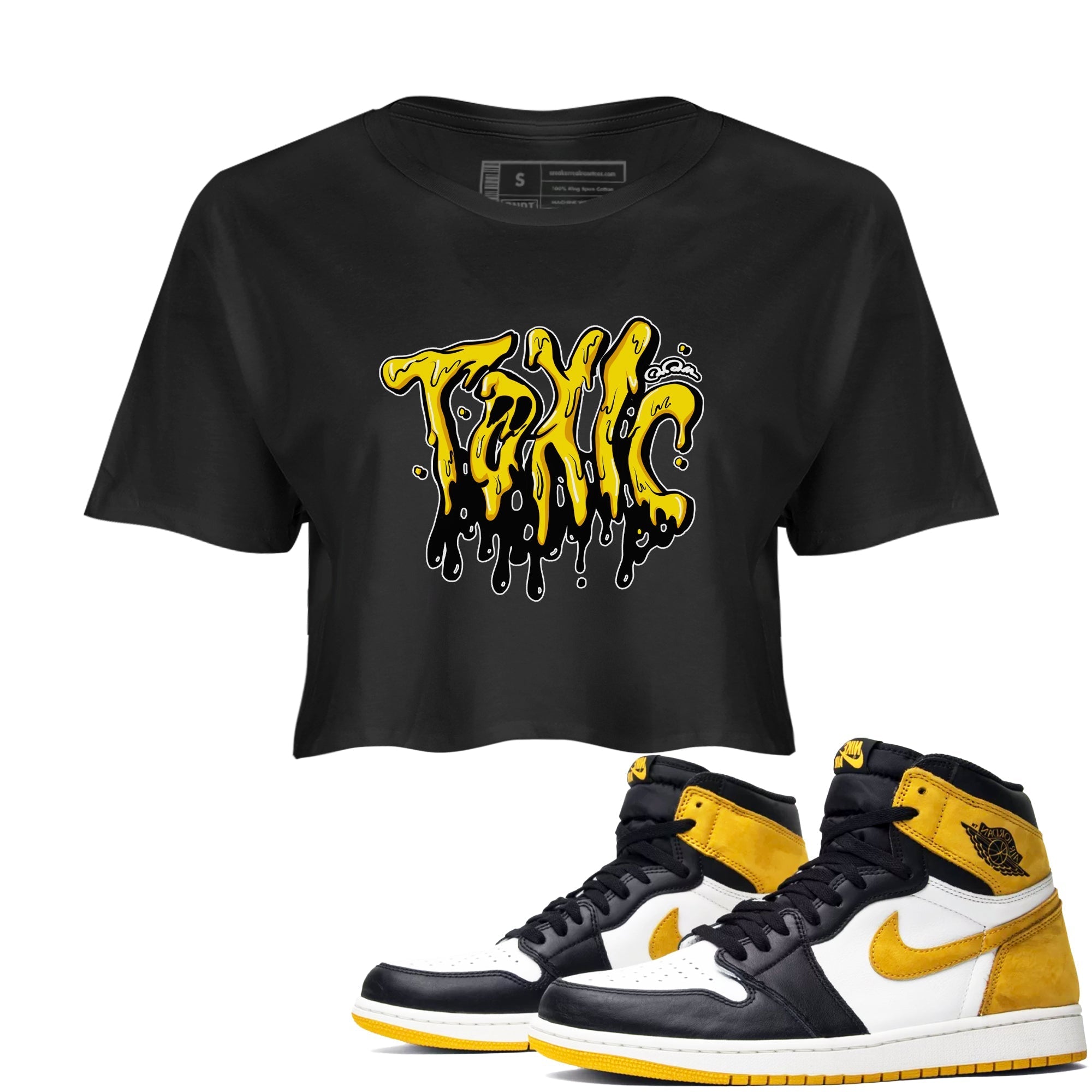 1s Yellow Ochre shirt to match jordans Toxic sneaker tees streetwear brand Air Jordan 1 Yellow Ochre Drip Gear Zone Brand Black 1 crop length shirt