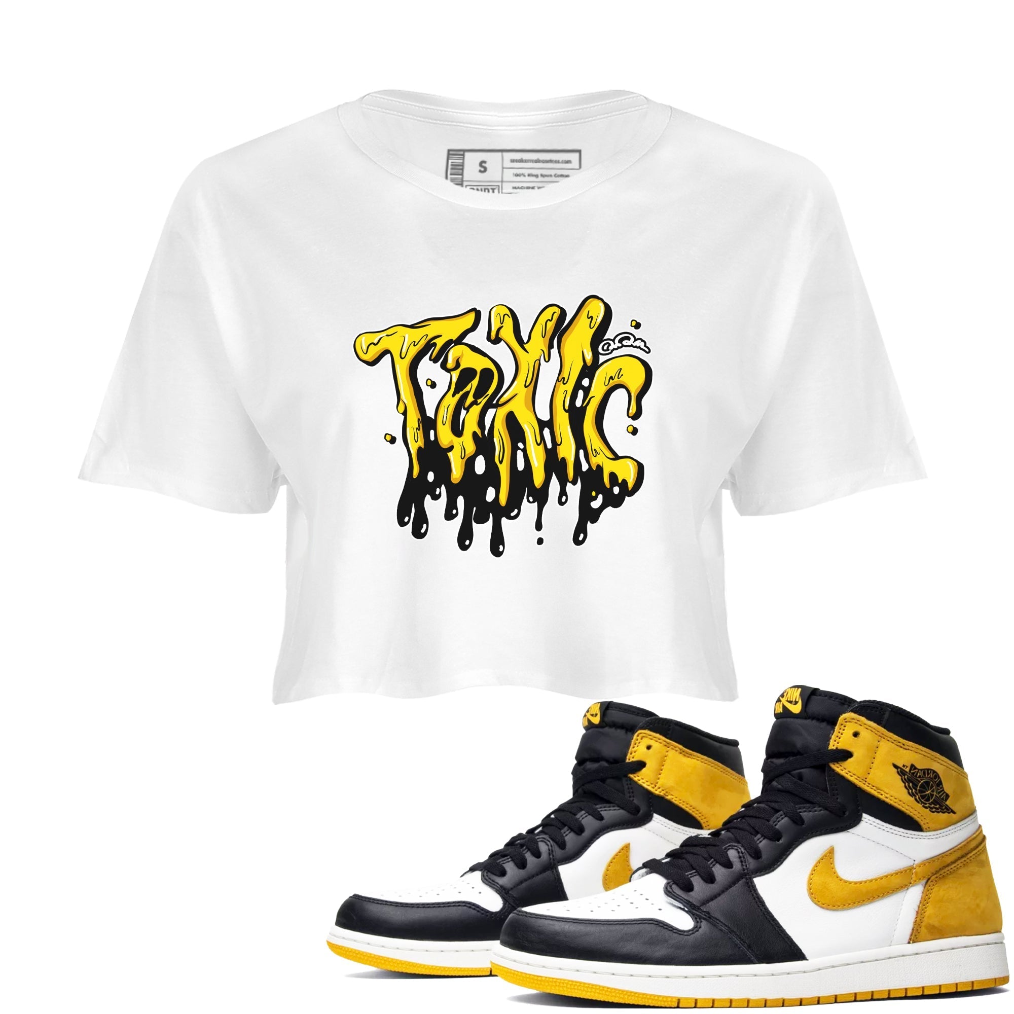 1s Yellow Ochre shirt to match jordans Toxic sneaker tees streetwear brand Air Jordan 1 Yellow Ochre Drip Gear Zone Brand White 1 crop length shirt