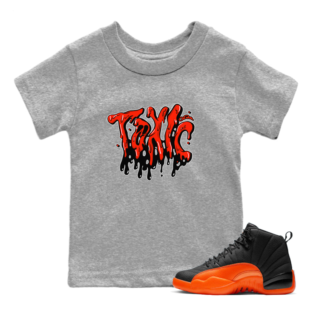 Air Jordan 12 Brilliant Orange Sneaker Match Tees Toxic Streetwear Sneaker Shirt AJ12 Brilliant Orange Sneaker Release Tees Kids Shirts Heather Grey 1