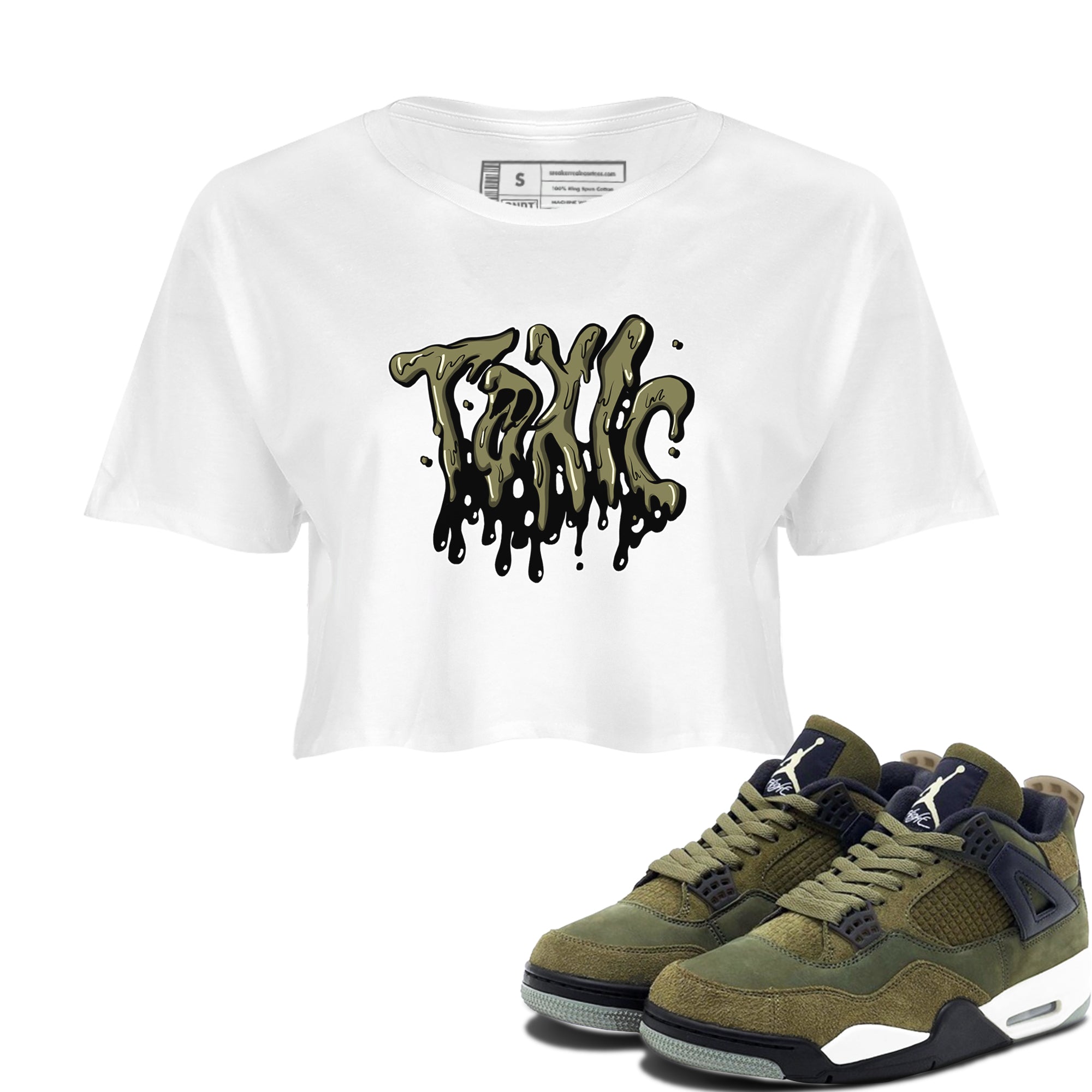 Air Jordan 4 Medium Olive shirt to match jordans streetwear brand Toxic sneaker tees AJ4Medium Olive Drip Gear Zone White 1 Crop T-Shirt