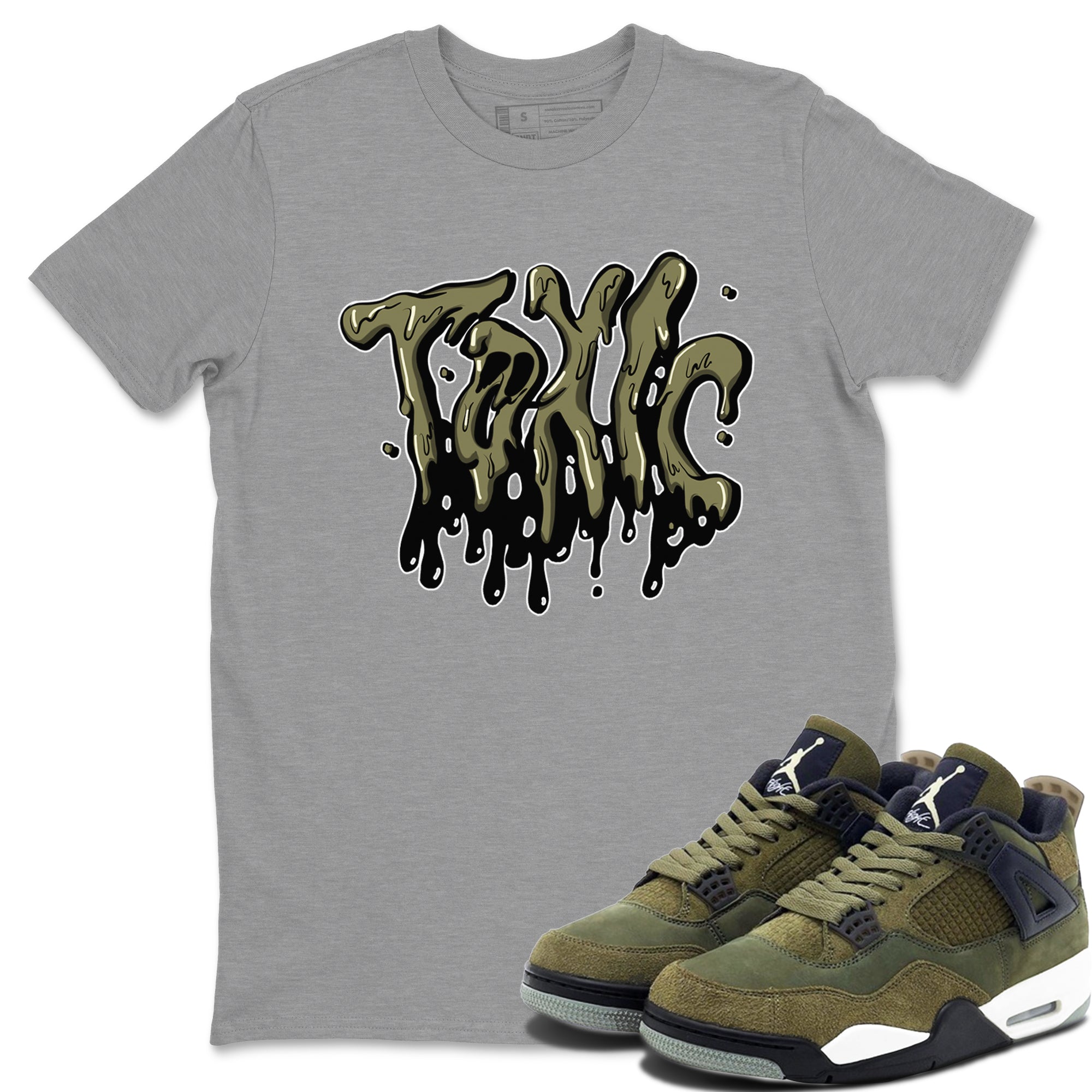 Air Jordan 4 Medium Olive shirt to match jordans streetwear brand Toxic sneaker tees AJ4Medium Olive Drip Gear Zone Unisex Heather Grey 1 T-Shirt