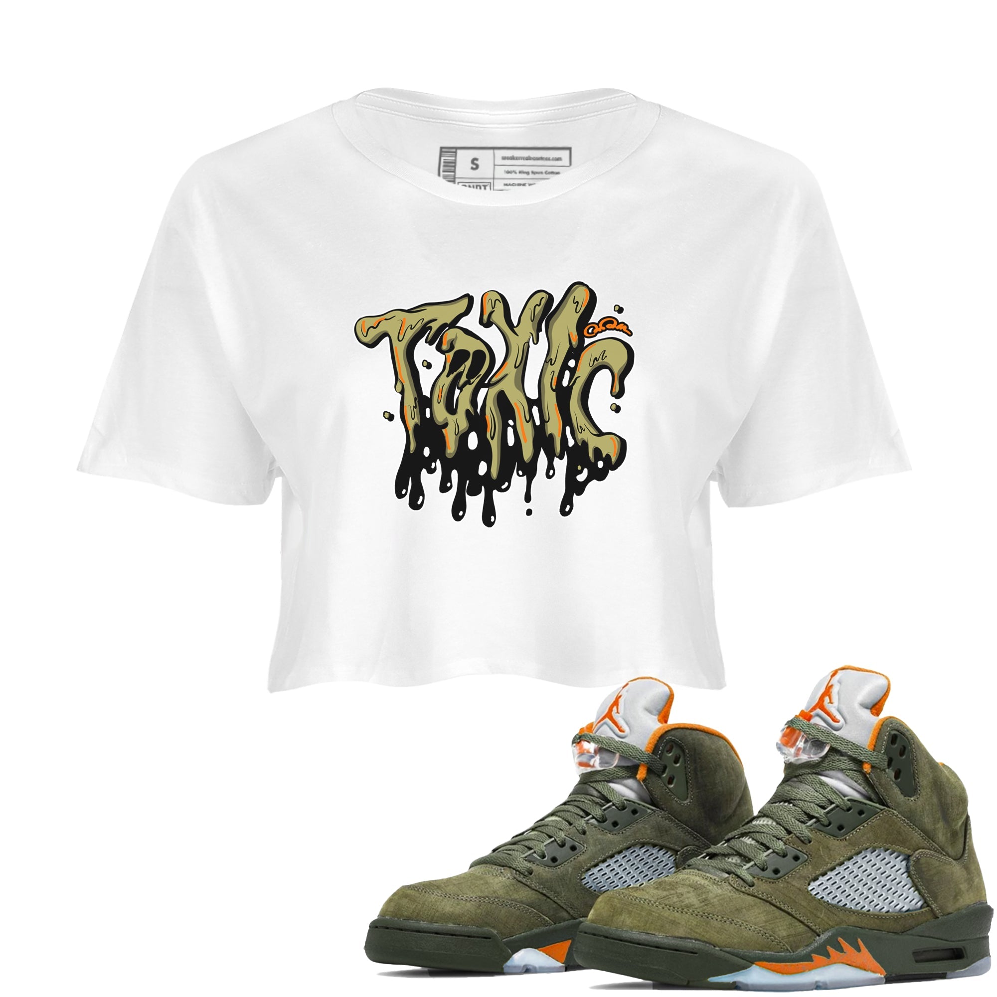 Air Jordan 5 Olive shirt to match jordans Toxic sneaker tees AJ5 Olive Drip Gear Zone White 1 crop length shirt