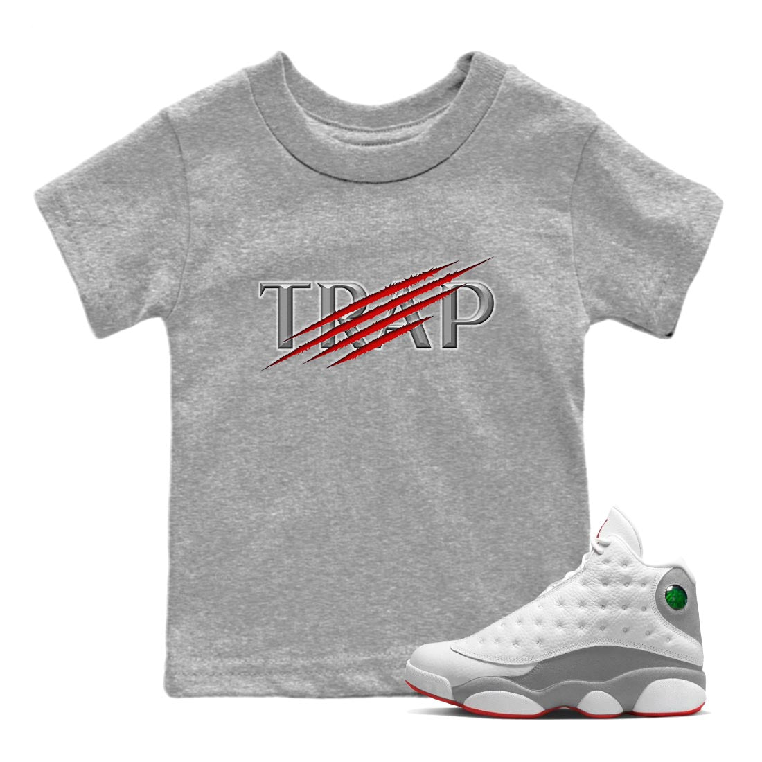 AJ13 Wolf Grey Sneaker Match Tees Trap Streetwear Sneaker Shirt Air Jordan 13 Wolf Grey Drip Gear Zone Sneaker Matching Clothing Kids Shirts Heather Grey 1