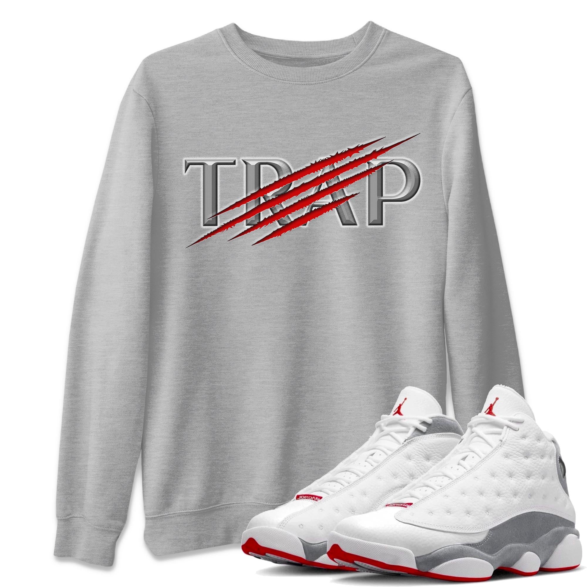 AJ13 Wolf Grey Sneaker Match Tees Trap Streetwear Sneaker Shirt Air Jordan 13 Wolf Grey Drip Gear Zone Sneaker Matching Clothing Unisex Shirts Heather Grey 1