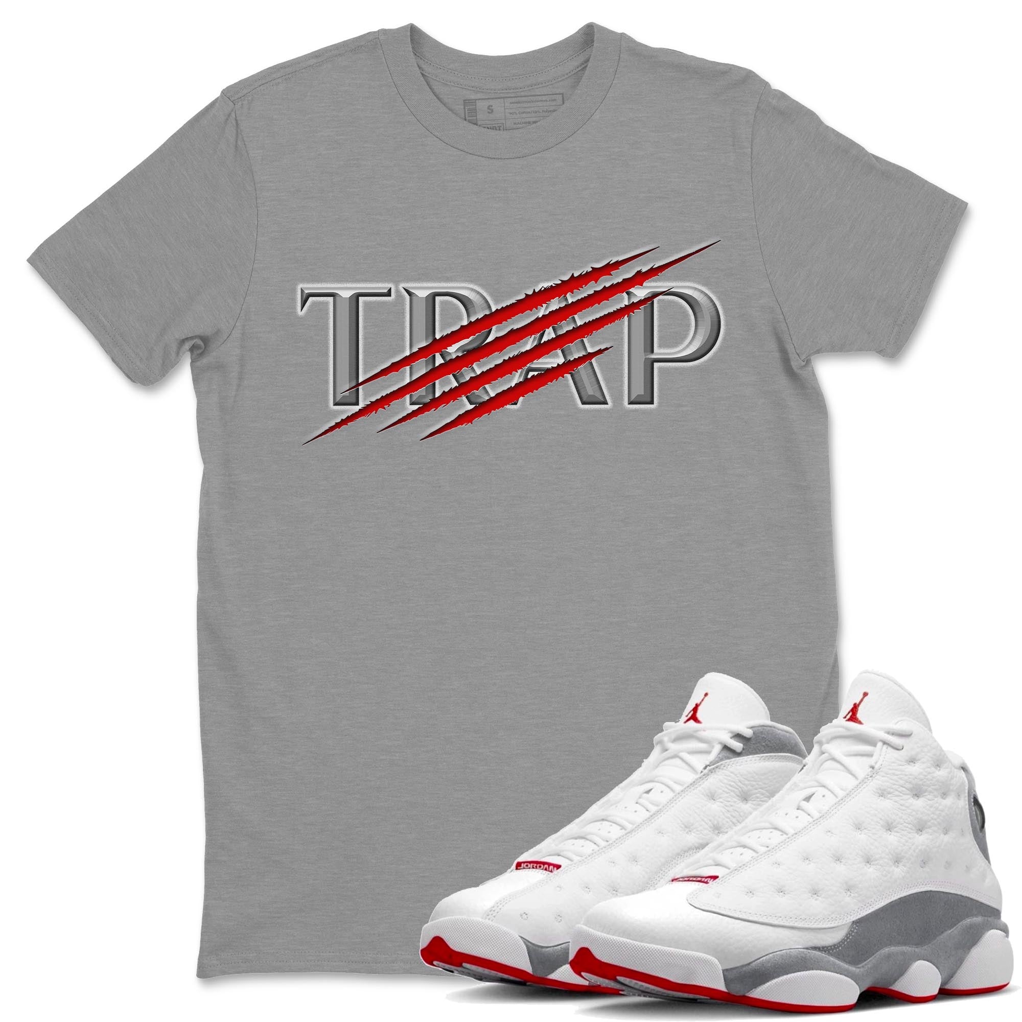 AJ13 Wolf Grey Sneaker Match Tees Trap Streetwear Sneaker Shirt Air Jordan 13 Wolf Grey Drip Gear Zone Sneaker Matching Clothing Unisex Shirts Heather Grey 1