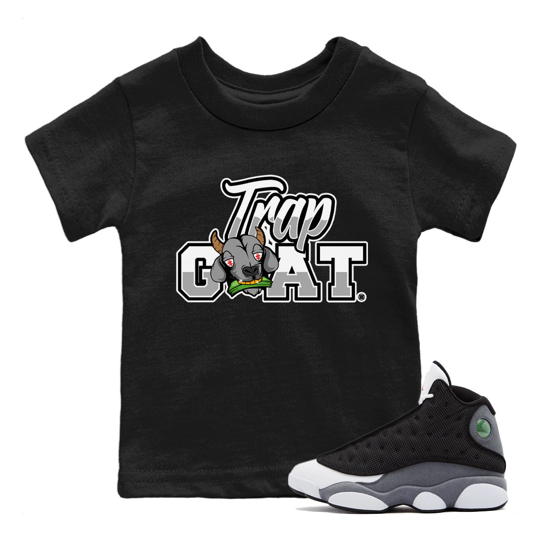 Air Jordan 13 Black Flint Sneaker Match Tees Trap Goat Streetwear Sneaker Shirt Air Jordan 13 Black Flint Sneaker Release Tees Kids Shirts Black 1