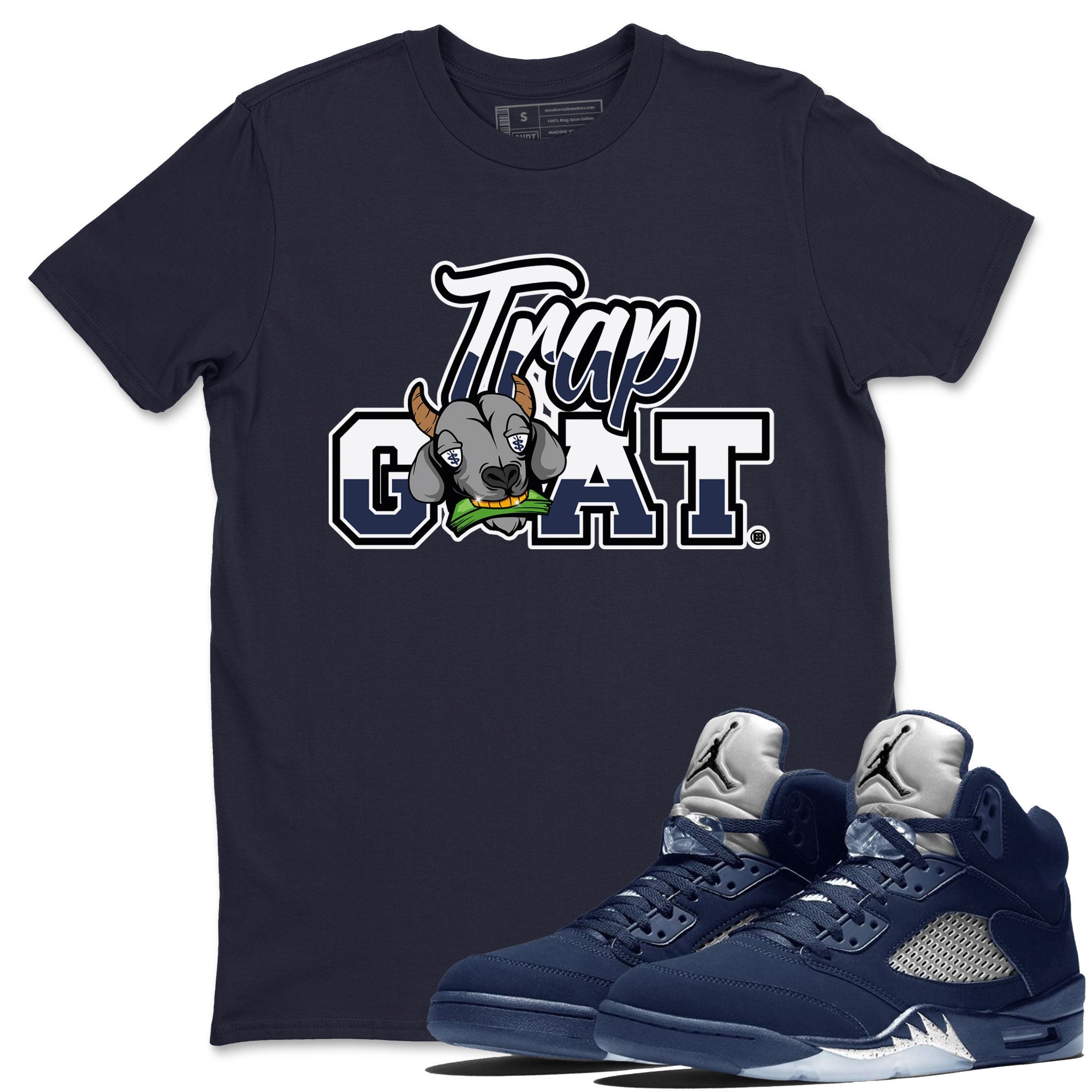 Jordan 5 Retro Georgetown shirt to match jordans Trap Goat Streetwear Sneaker Shirt Air Jordan 5 Georgetown Drip Gear Zone Sneaker Matching Clothing Unisex Navy 1 T-Shirt