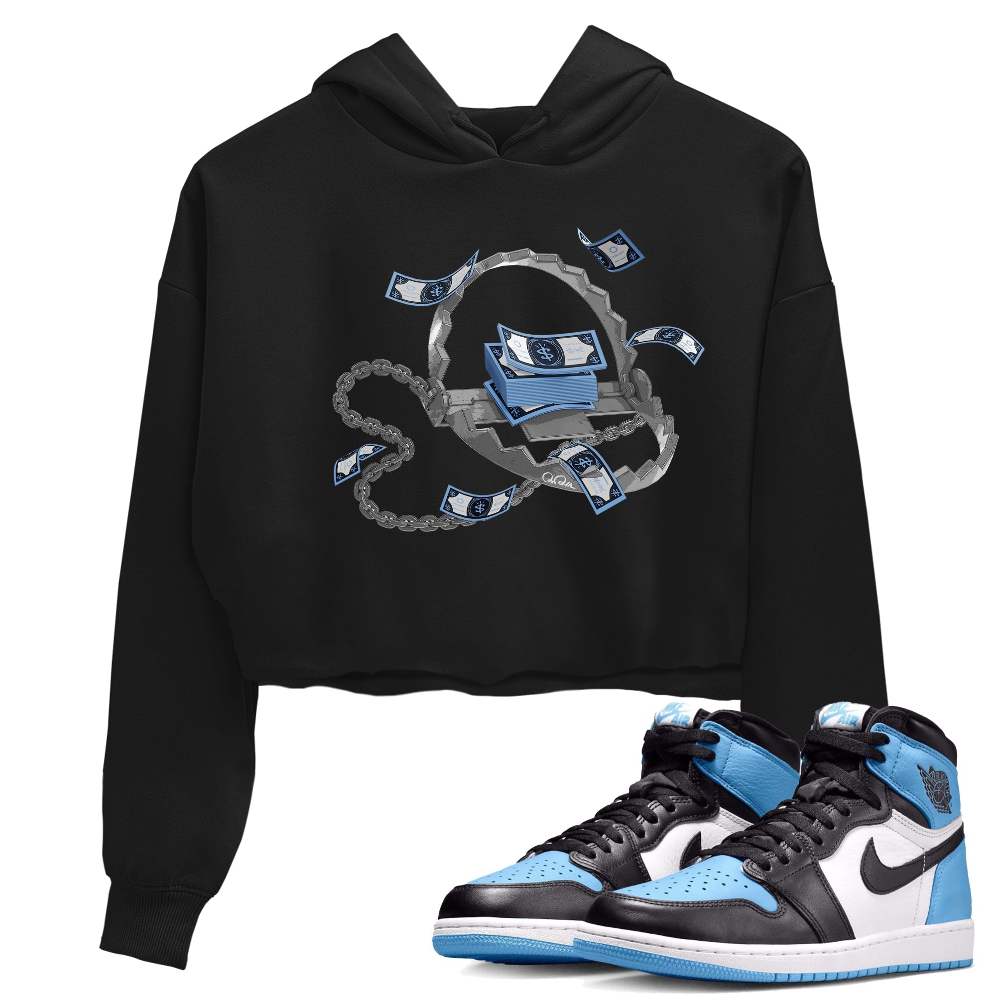 Air Jordan 1 Retro High OG UNC Toe Shirt to match Jordans Trap Money Streetwear Sneaker Shirt AJ1 UNC Toe Drip Gear Zone Sneaker Matching Clothing Crop T-Shirts Black 1