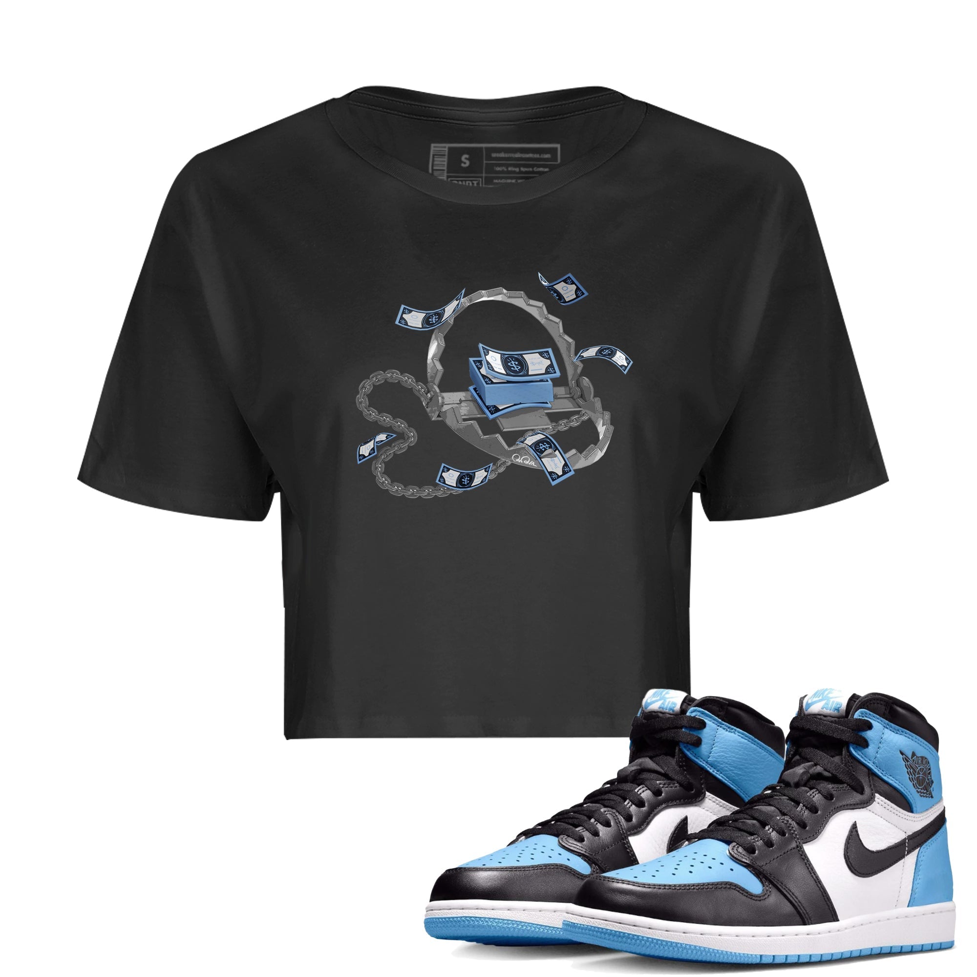 Air Jordan 1 Retro High OG UNC Toe Shirt to match Jordans Trap Money Streetwear Sneaker Shirt AJ1 UNC Toe Drip Gear Zone Sneaker Matching Clothing Crop T-Shirts Black 1