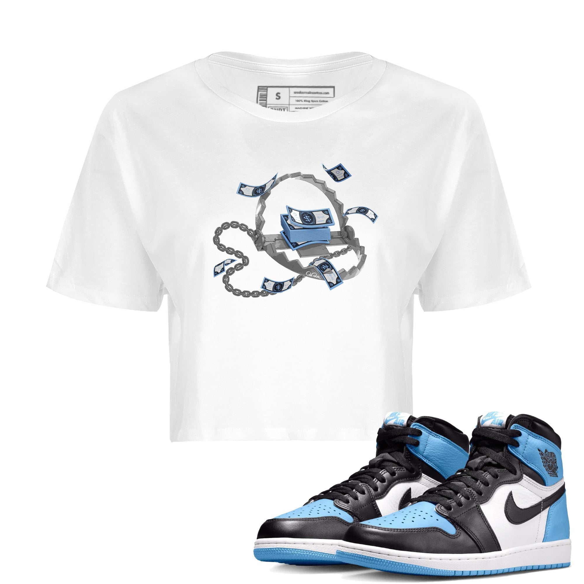 Air Jordan 1 Retro High OG UNC Toe Shirt to match Jordans Trap Money Streetwear Sneaker Shirt AJ1 UNC Toe Drip Gear Zone Sneaker Matching Clothing Crop T-Shirts White 1