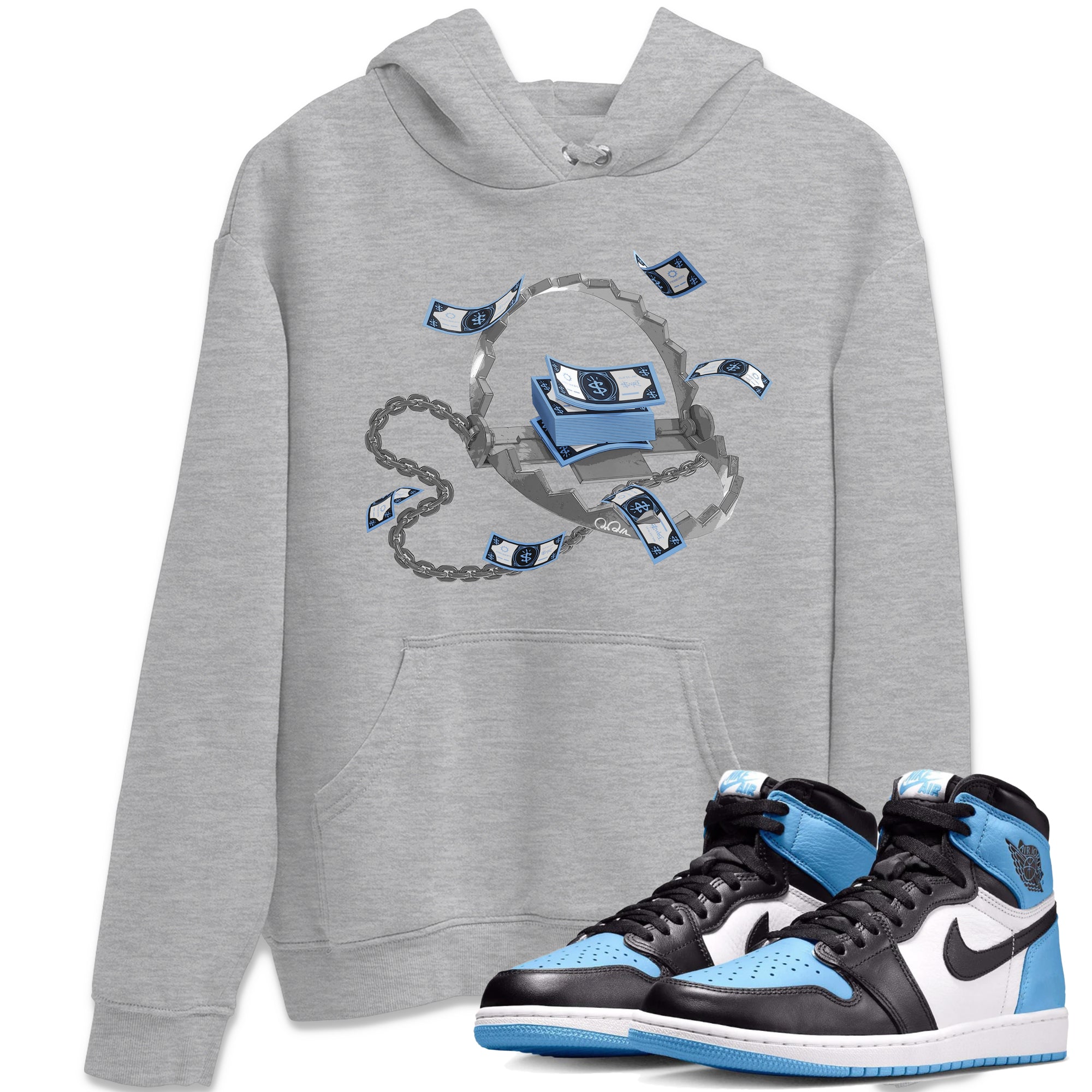 Air Jordan 1 Retro High OG UNC Toe Shirt to match Jordans Trap Money Streetwear Sneaker Shirt AJ1 UNC Toe Drip Gear Zone Sneaker Matching Clothing Crew Neck T-Shirts Heather Grey 1