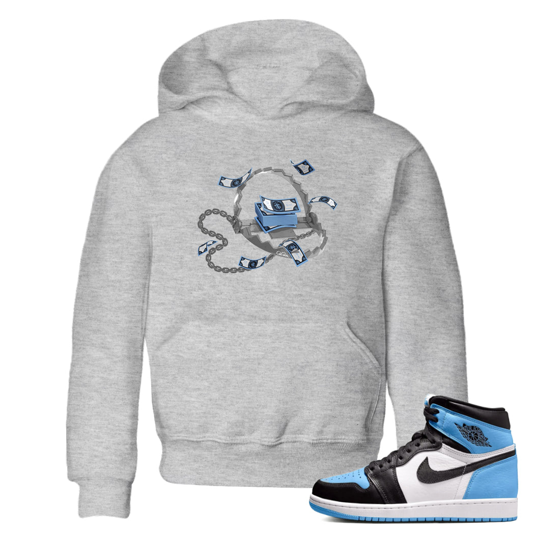 Air Jordan 1 Retro High OG UNC Toe Shirt to match Jordans Trap Money Streetwear Sneaker Shirt AJ1 UNC Toe Drip Gear Zone Sneaker Matching Clothing Kids and Baby Tees Heather Grey 1