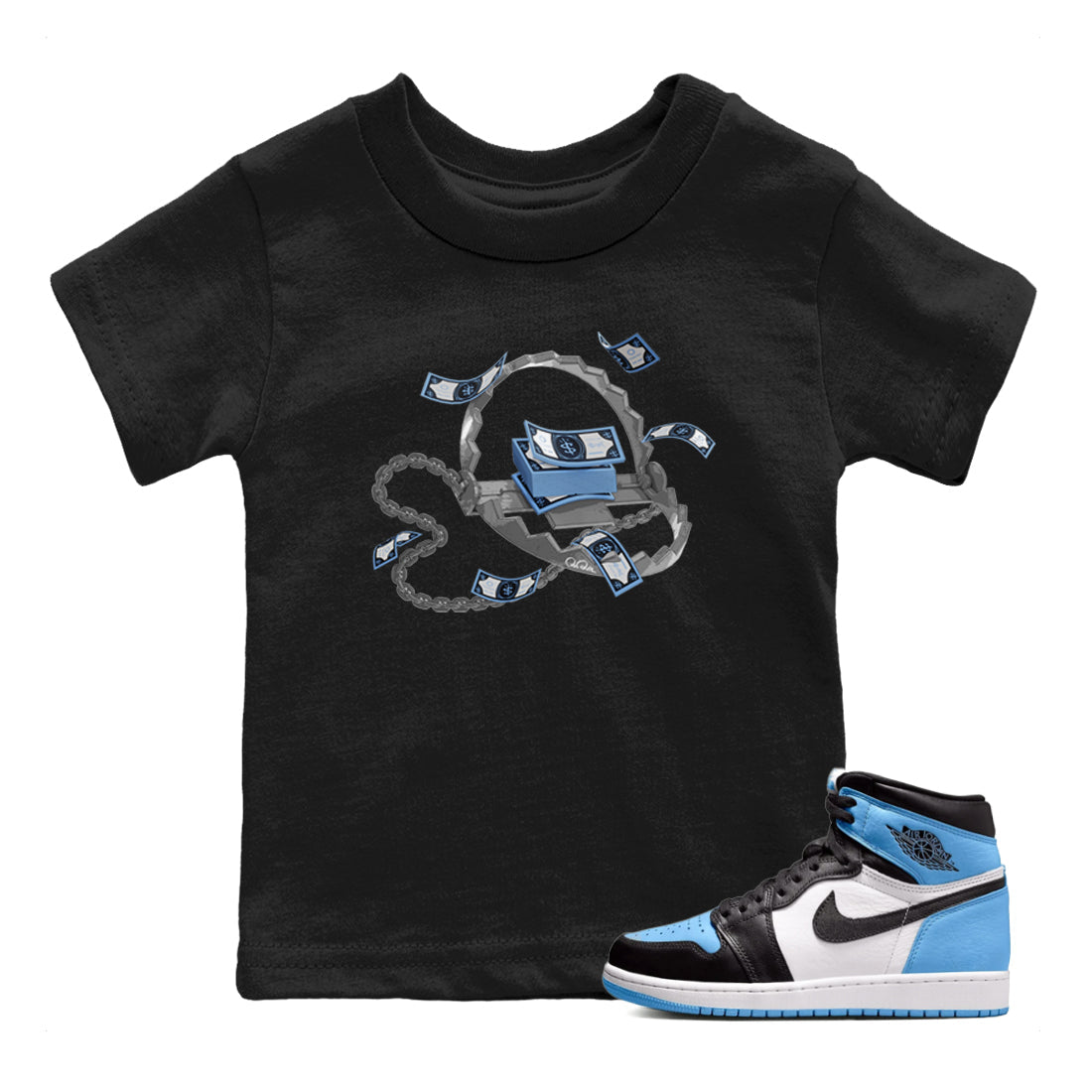 Air Jordan 1 Retro High OG UNC Toe Shirt to match Jordans Trap Money Streetwear Sneaker Shirt AJ1 UNC Toe Drip Gear Zone Sneaker Matching Clothing Kids and Baby Tees Black 1