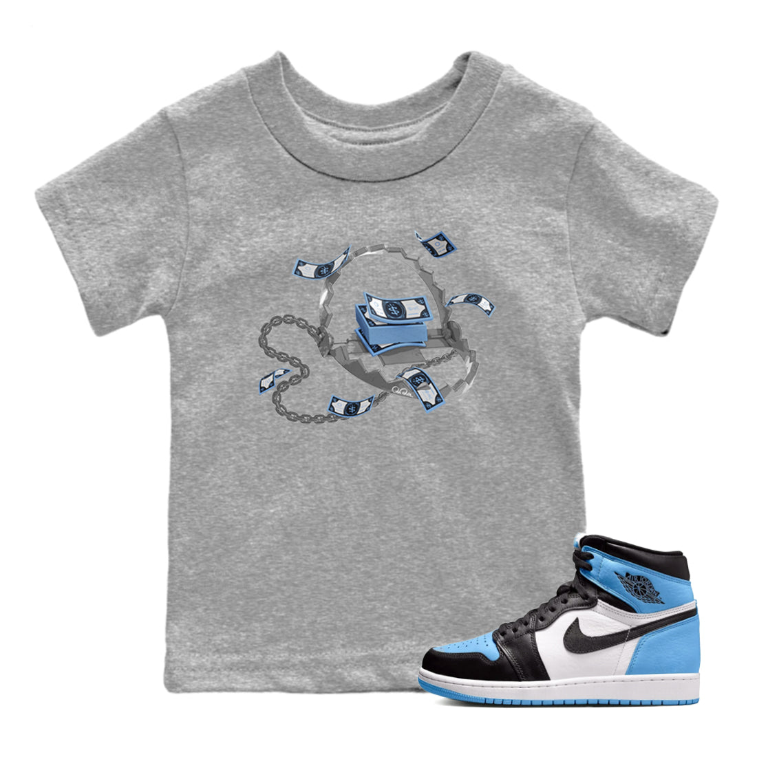Air Jordan 1 Retro High OG UNC Toe Shirt to match Jordans Trap Money Streetwear Sneaker Shirt AJ1 UNC Toe Drip Gear Zone Sneaker Matching Clothing Kids and Baby Tees Heather Grey 1